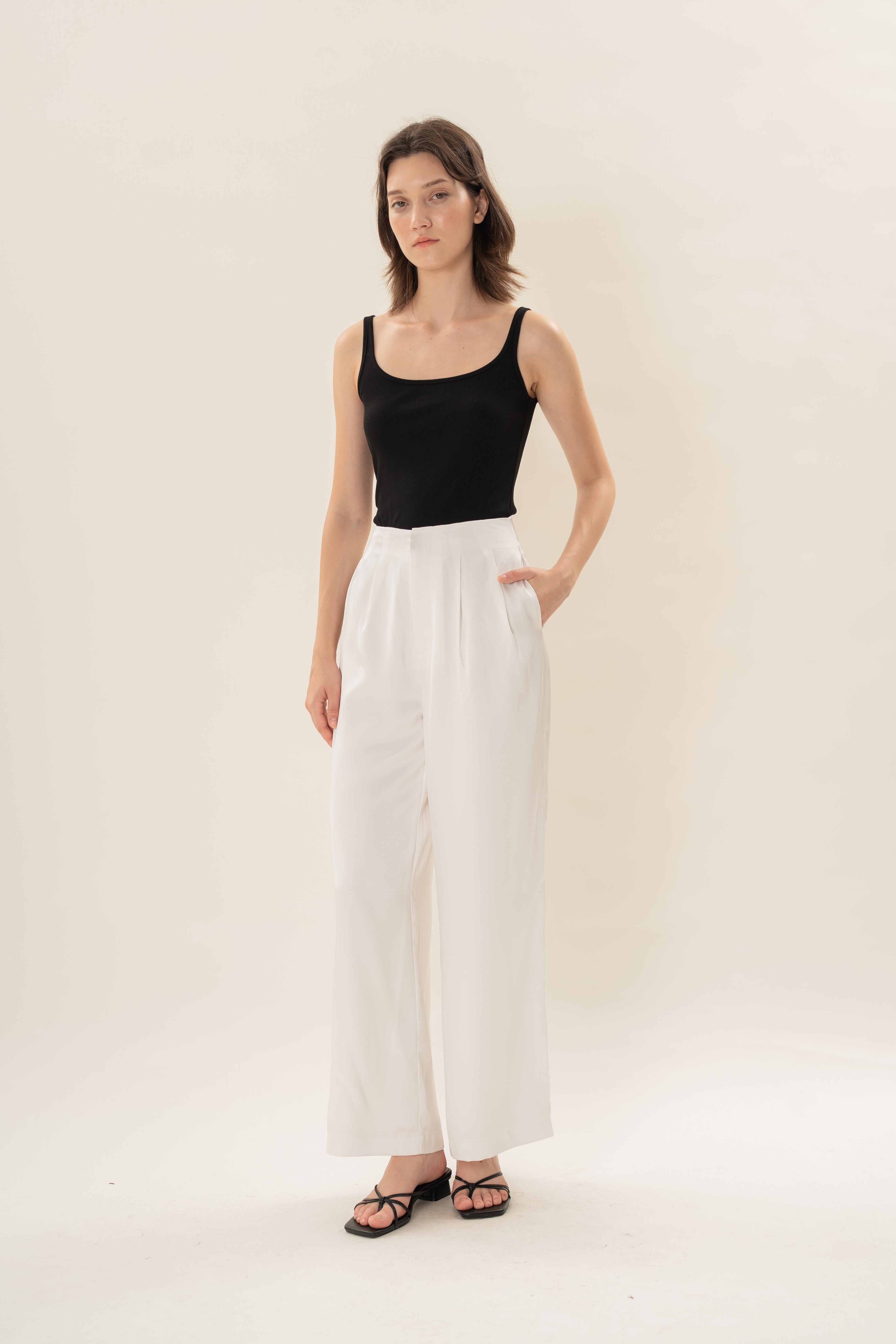 Pleated Satin Pants in White