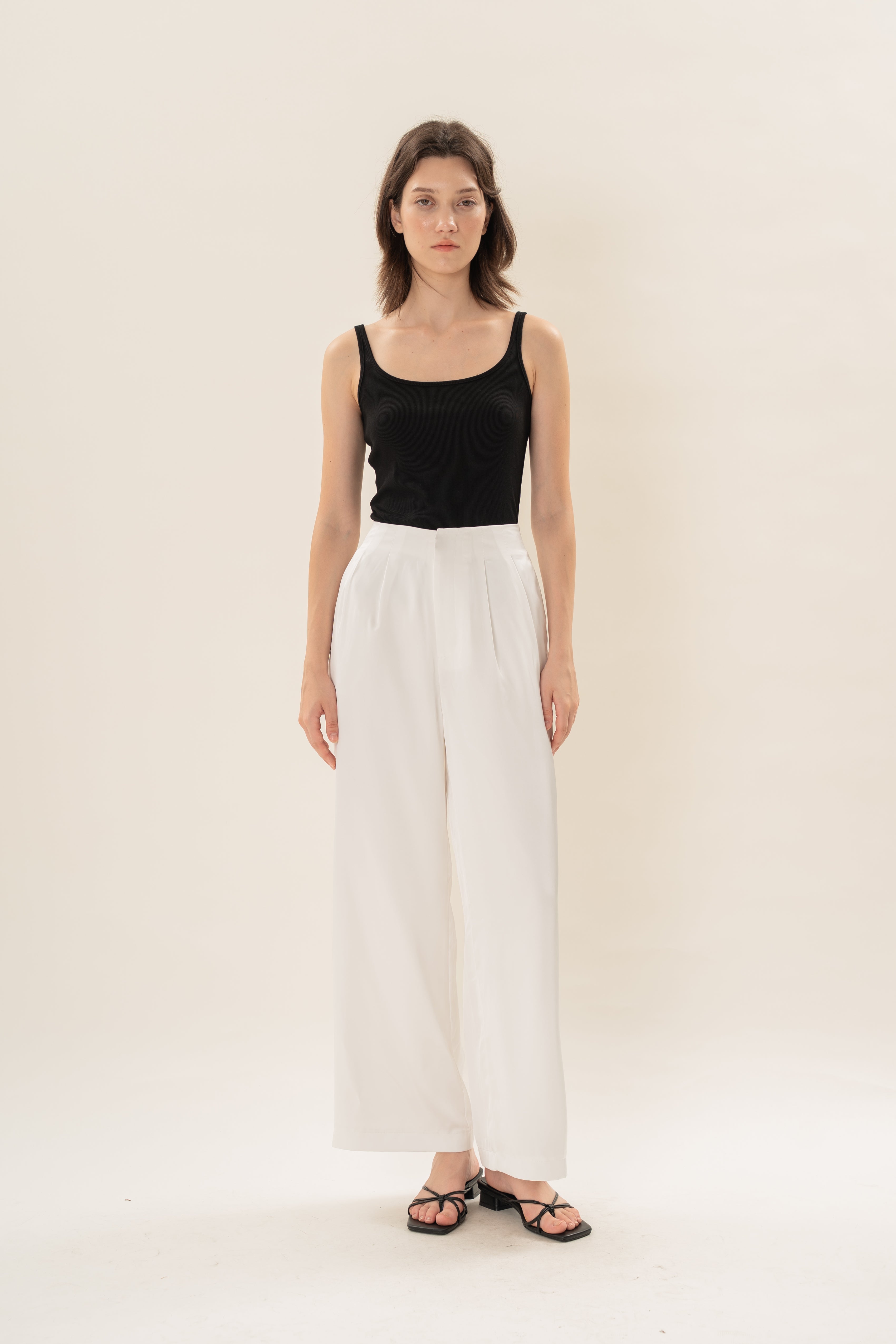 Pleated Satin Pants in White