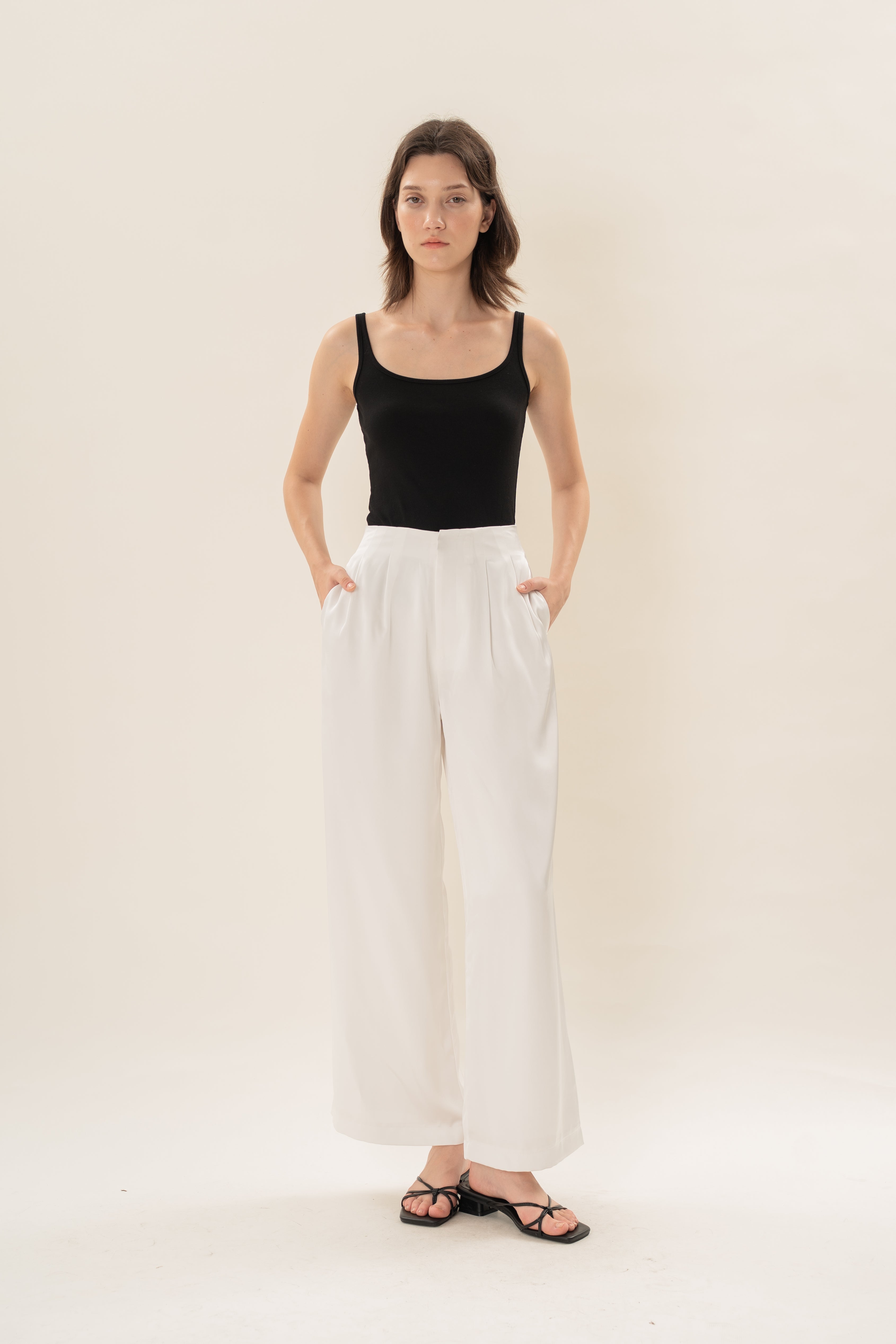 Pleated Satin Pants in White