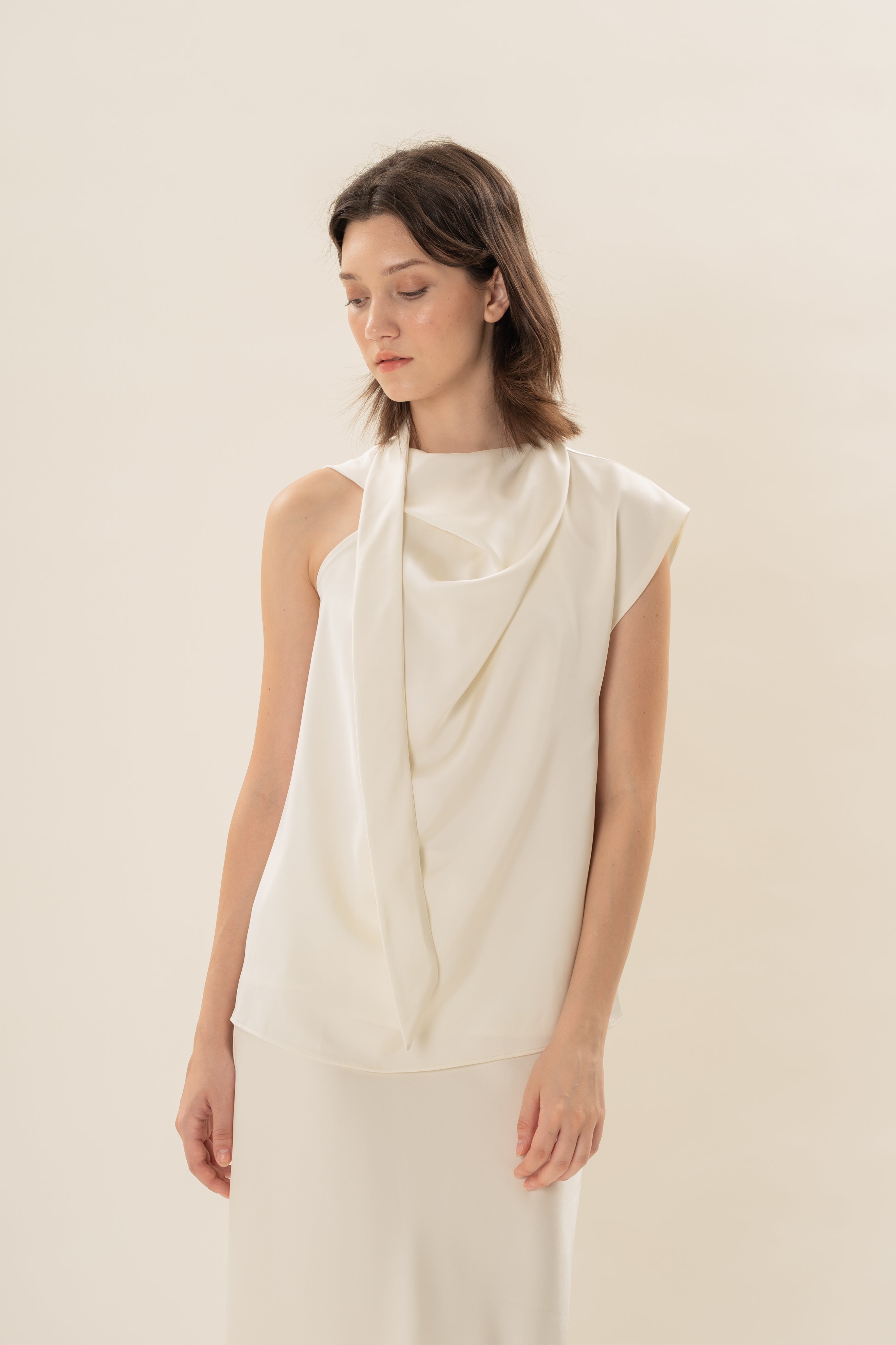 Satin Sash Neck Top in Natural