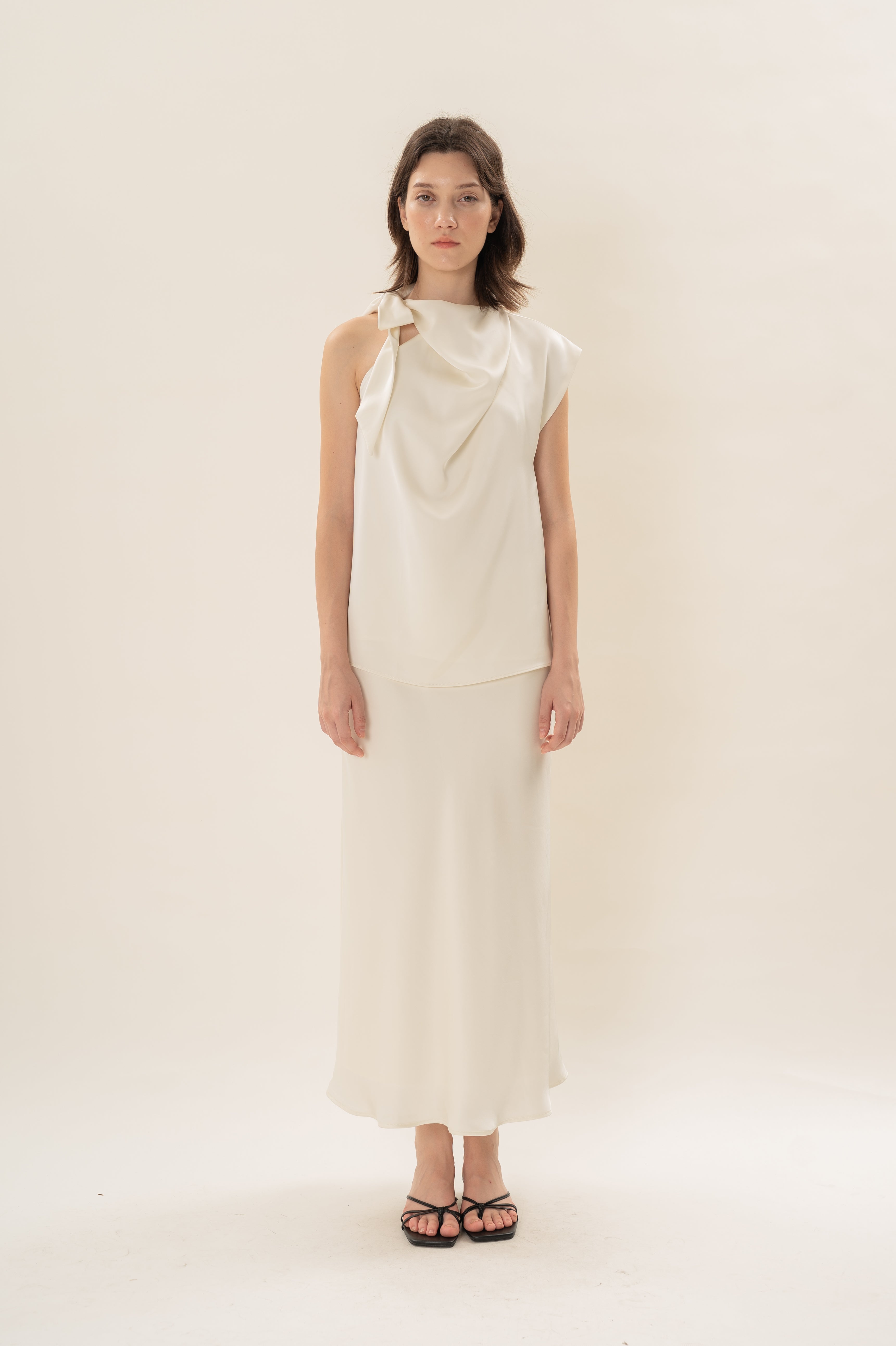 Satin Sash Neck Top in Natural