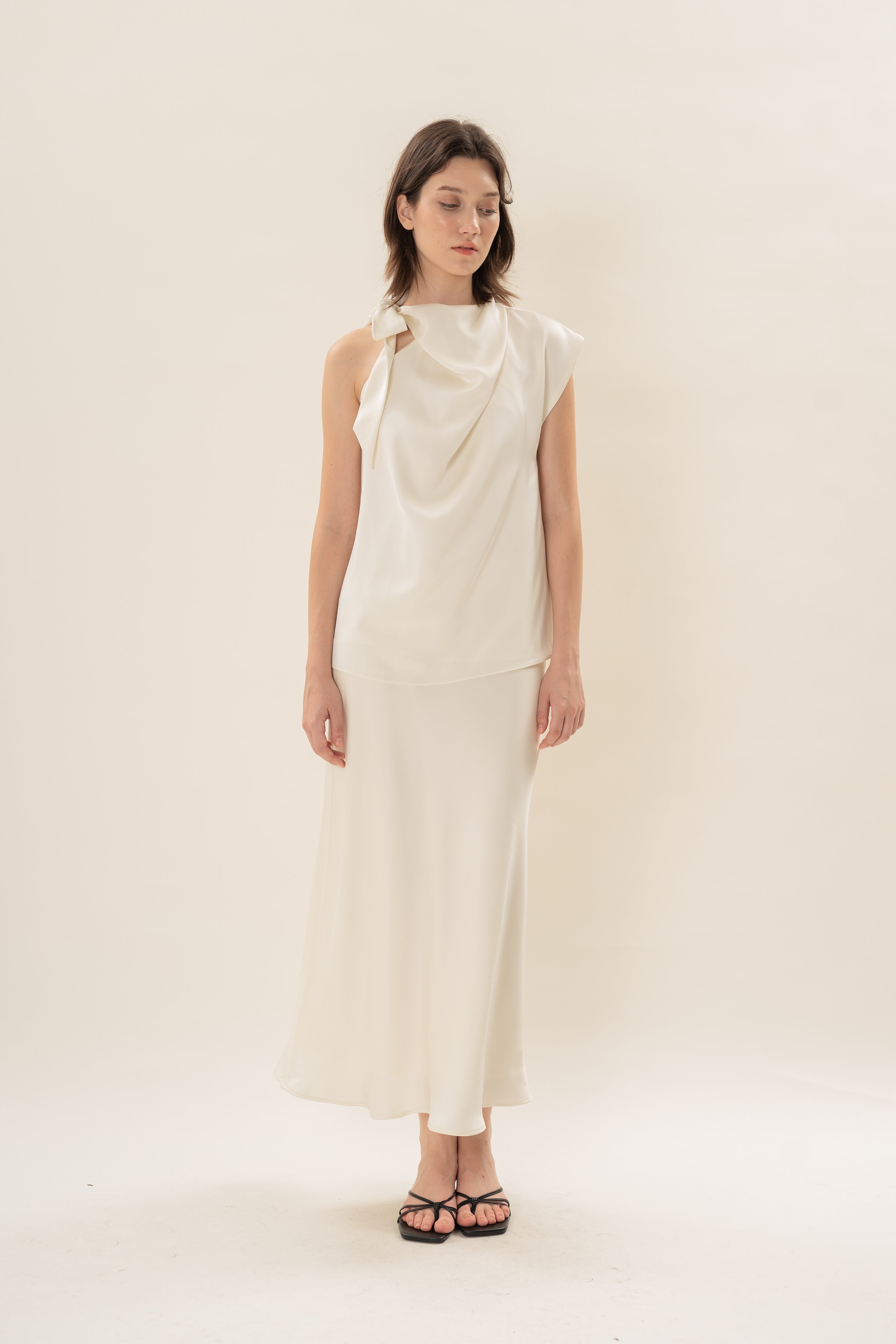 Satin Sash Neck Top in Natural