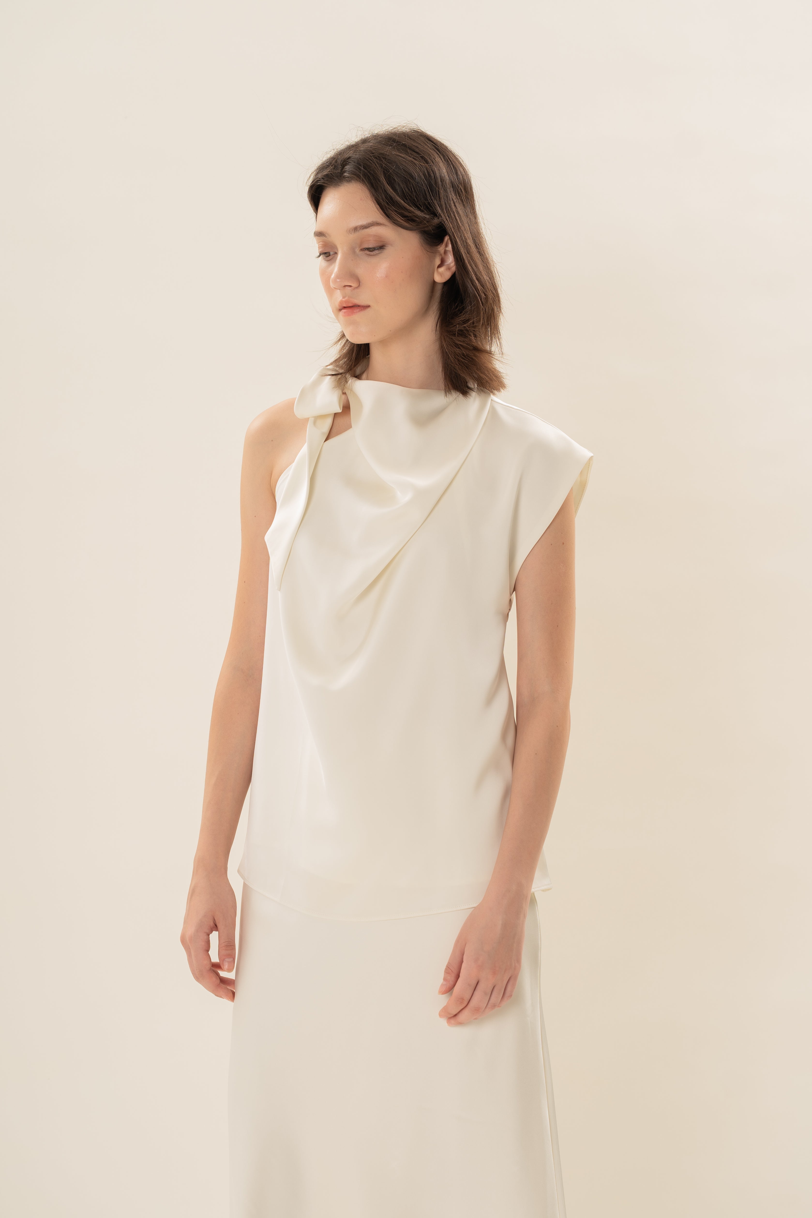 Satin Sash Neck Top in Natural