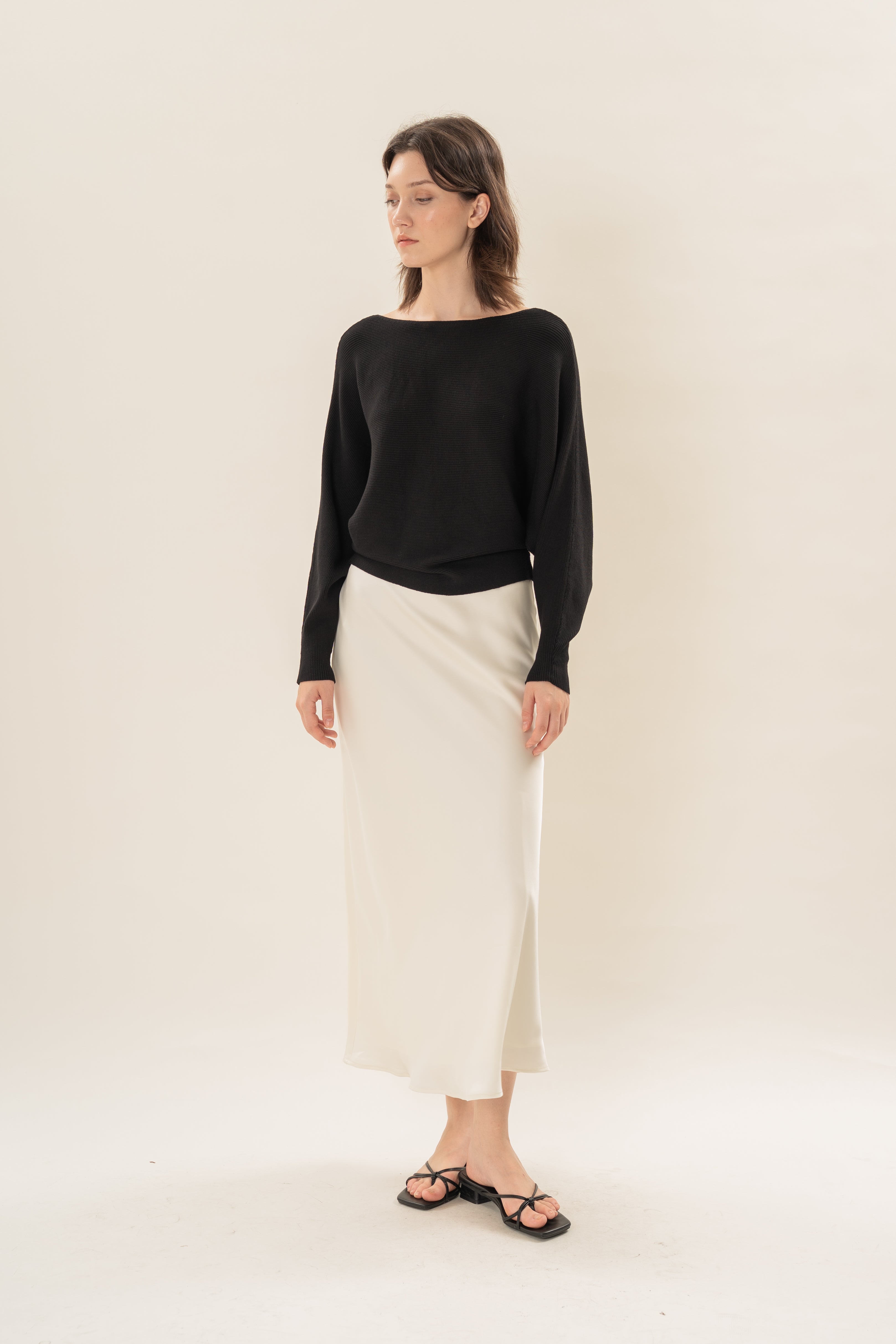 Satin Midi Slip Skirt in Natural