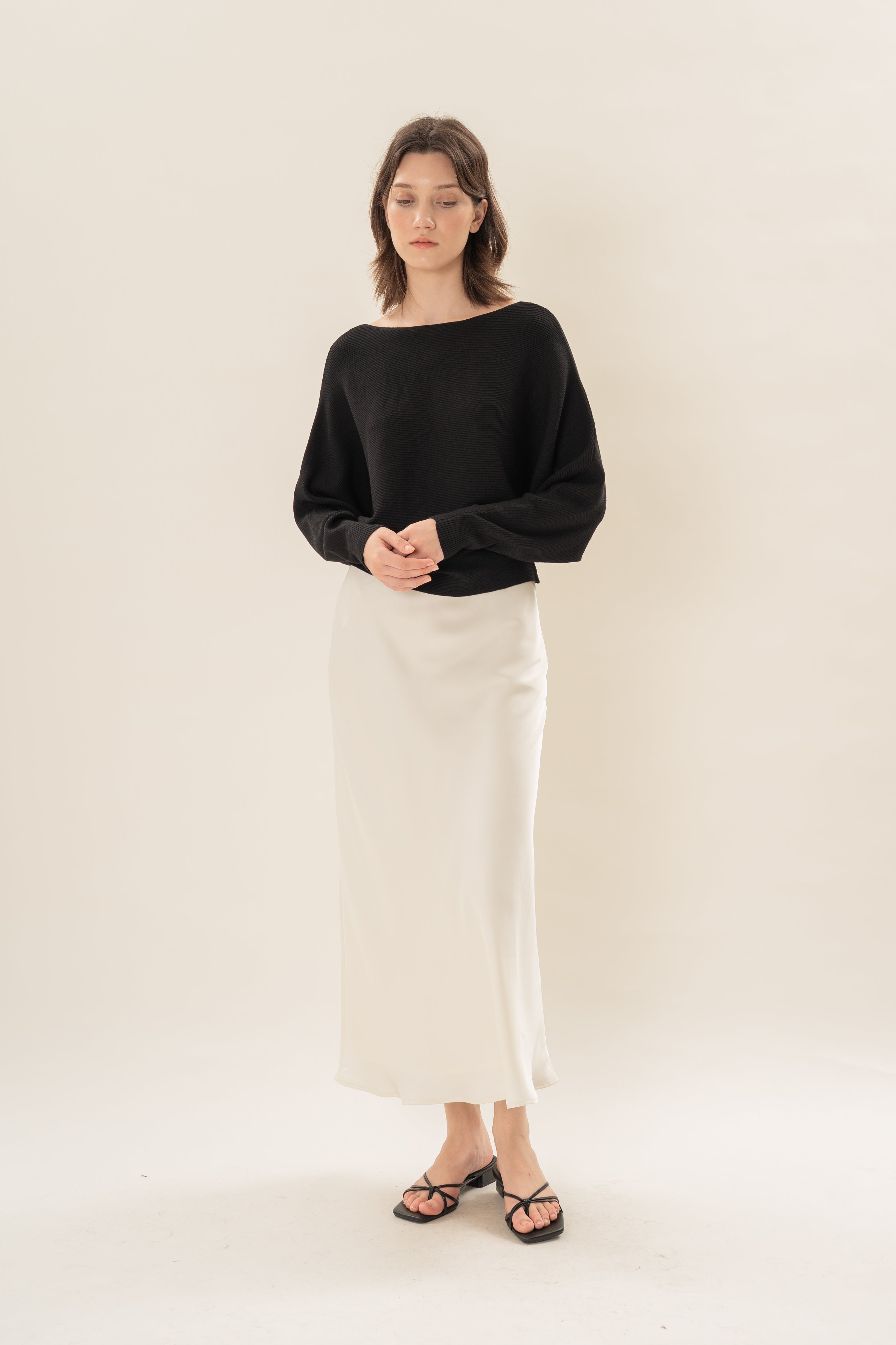 Satin Midi Slip Skirt in Natural