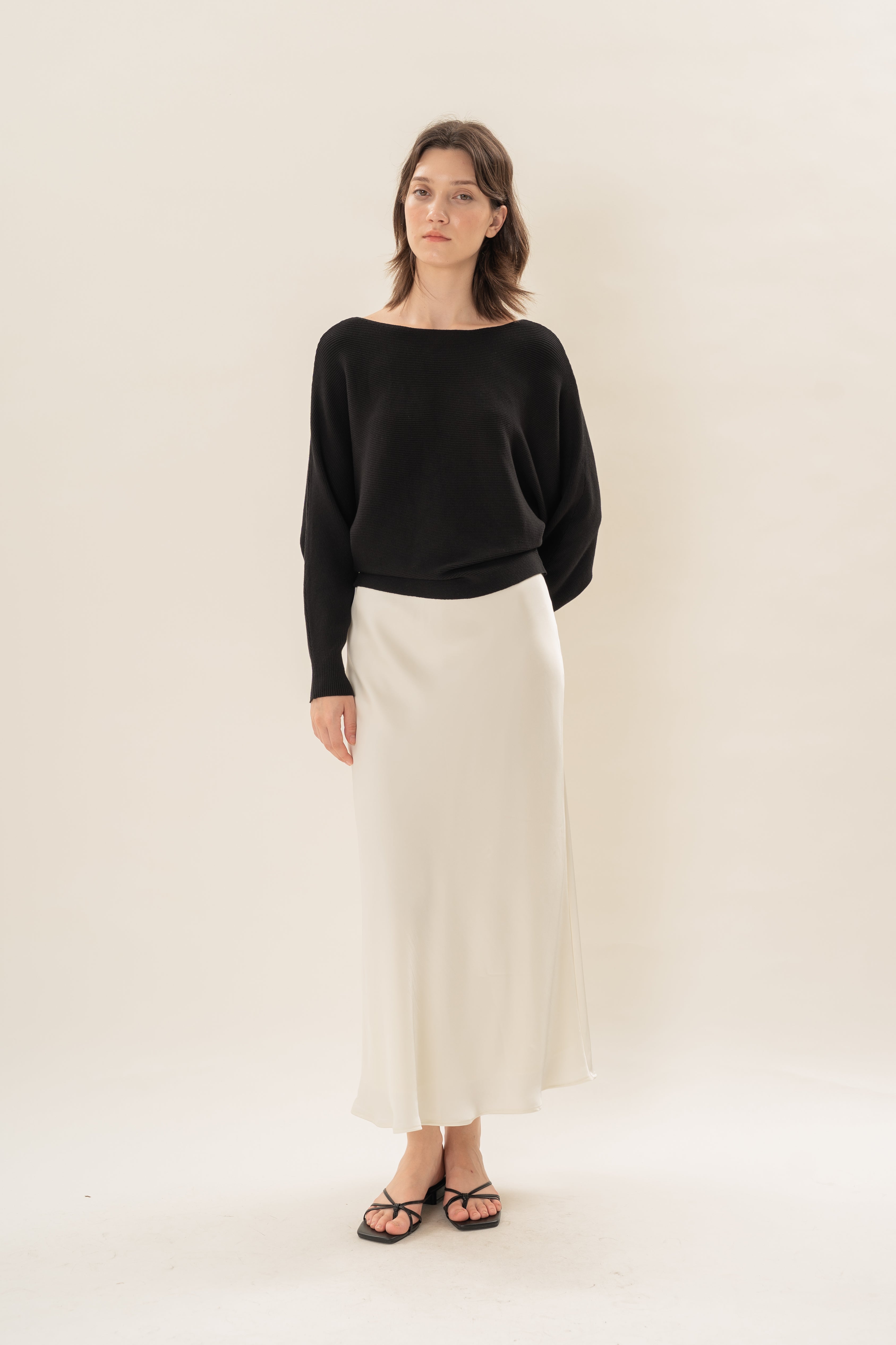 Satin Midi Slip Skirt in Natural