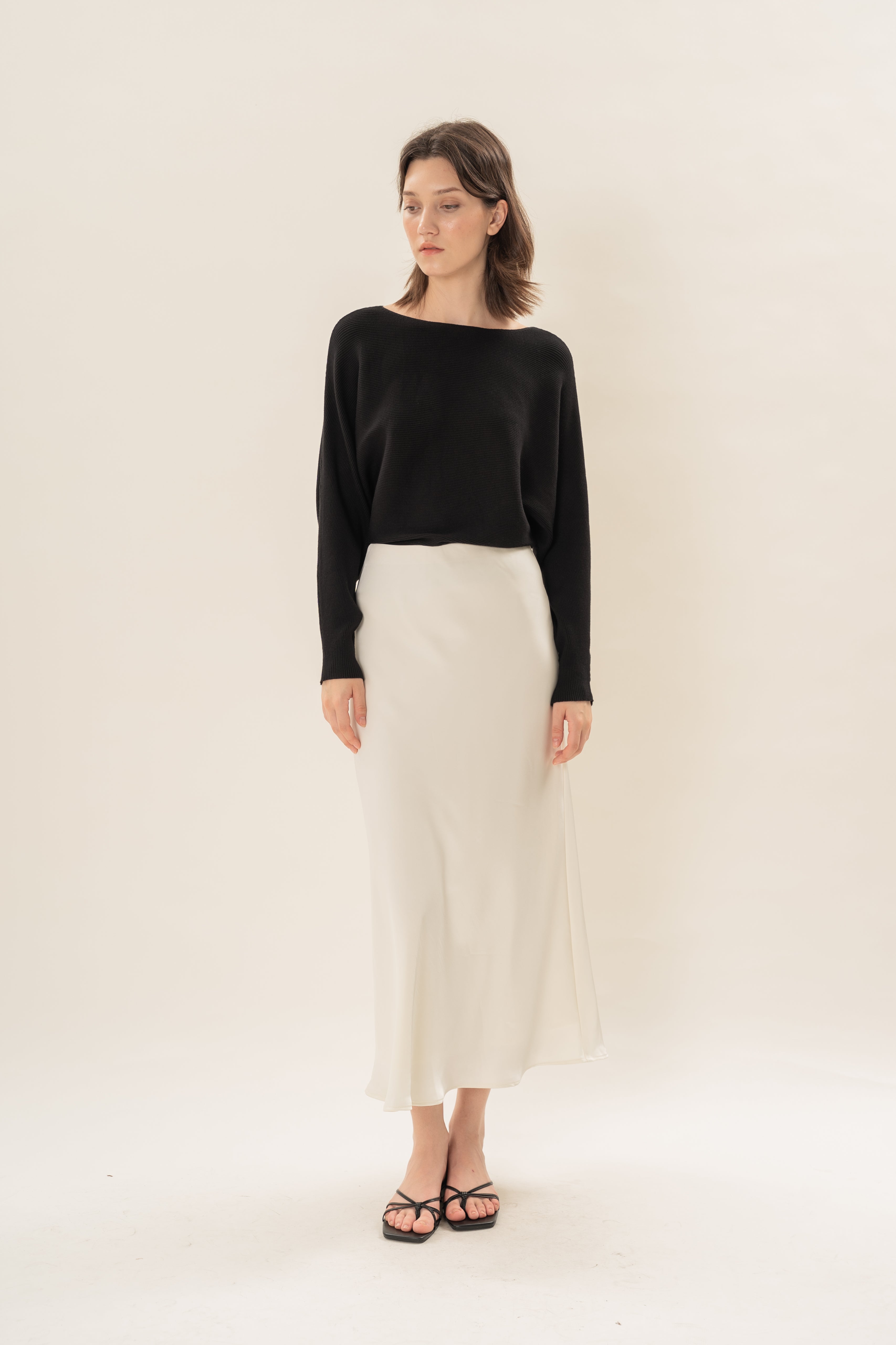 Satin Midi Slip Skirt in Natural