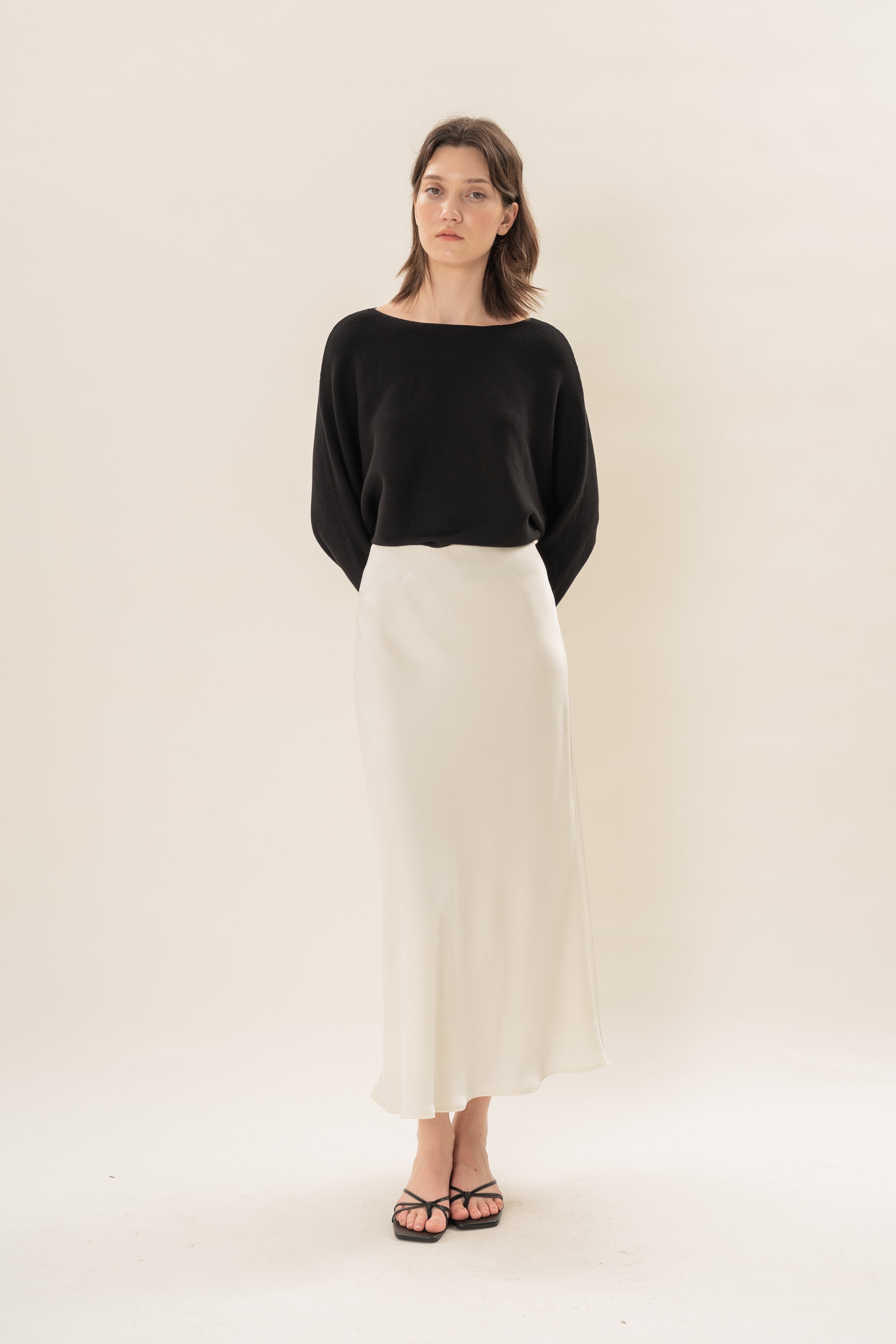 Satin Midi Slip Skirt in Natural