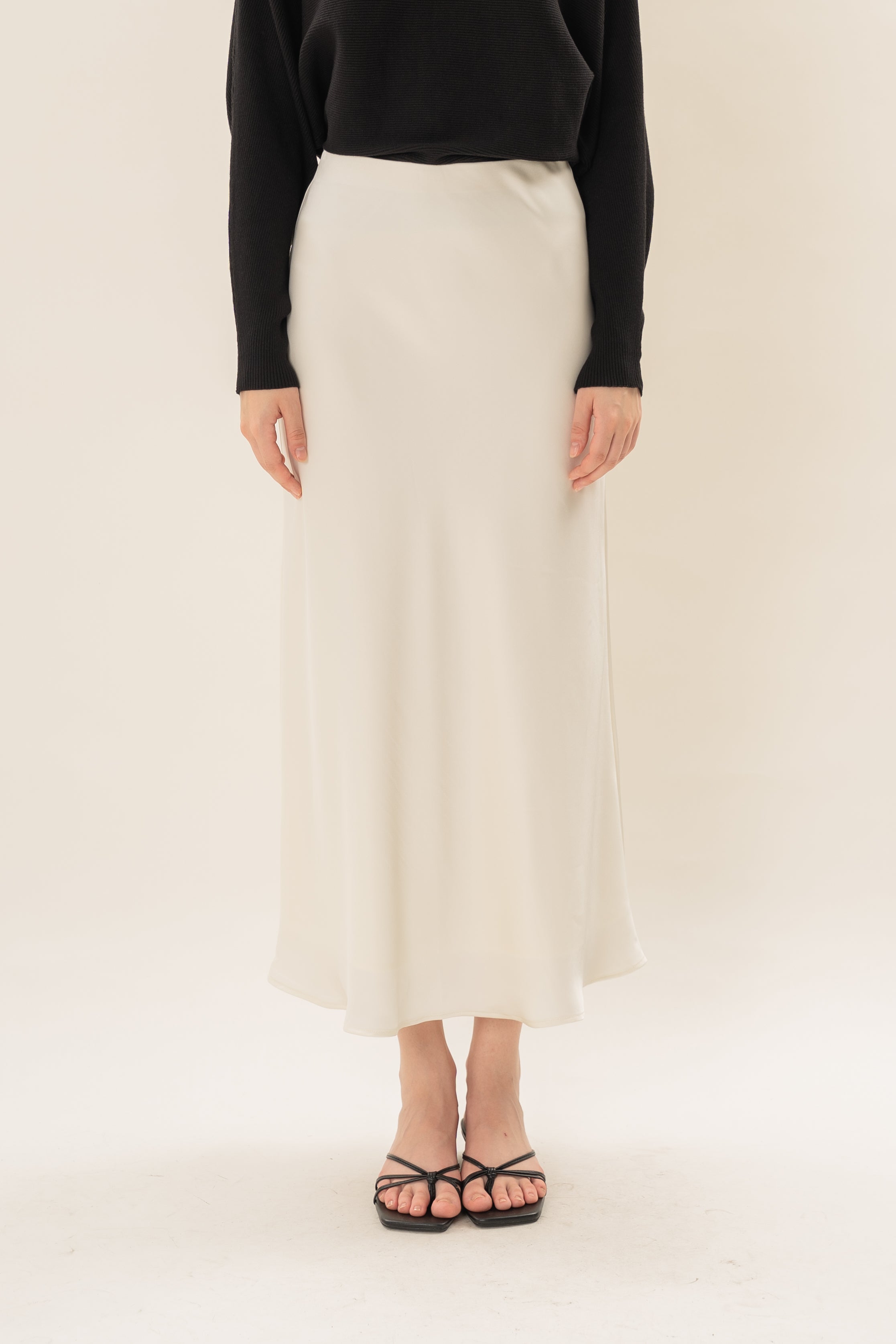 Satin Midi Slip Skirt in Natural