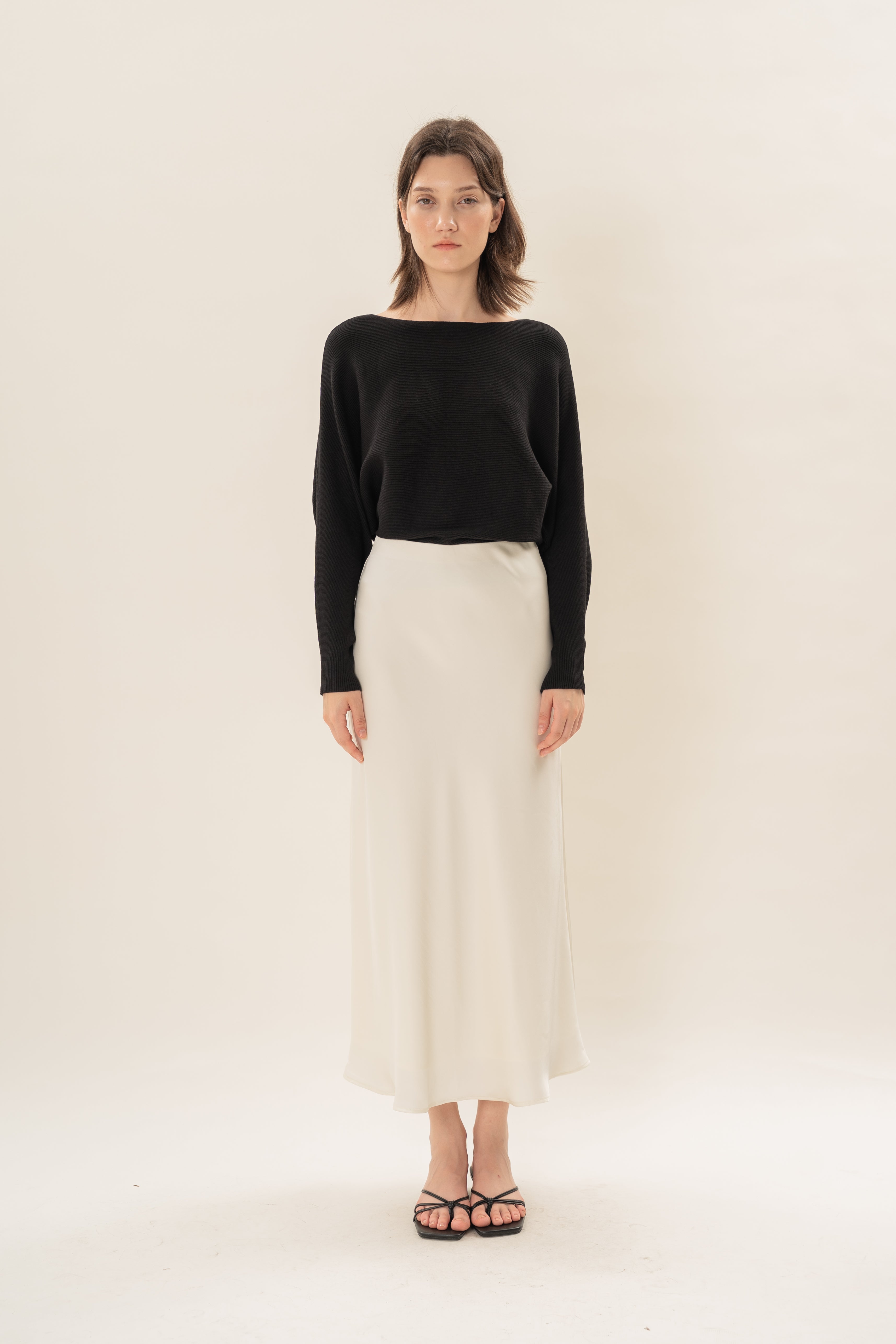 Satin Midi Slip Skirt in Natural