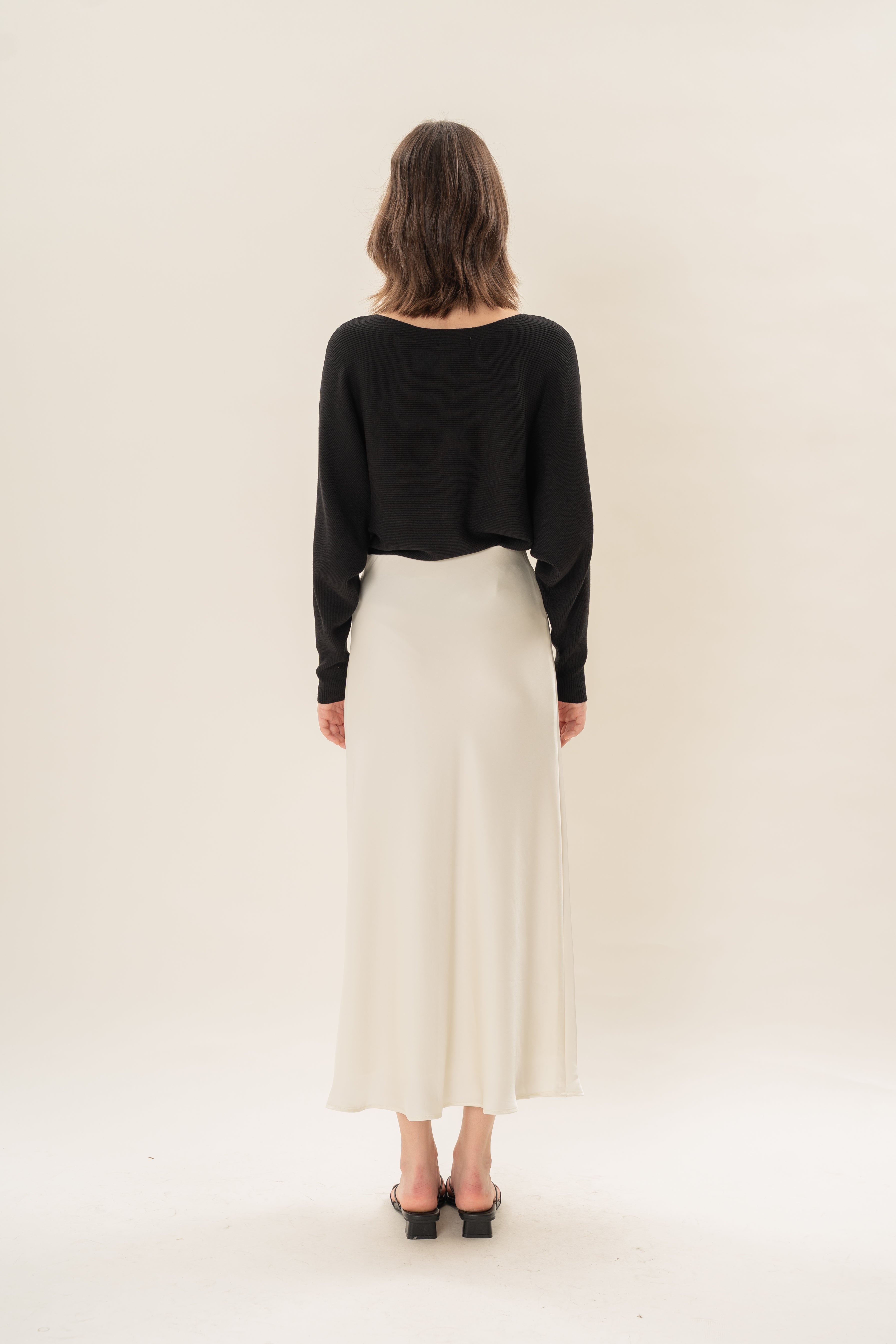 Satin Midi Slip Skirt in Natural