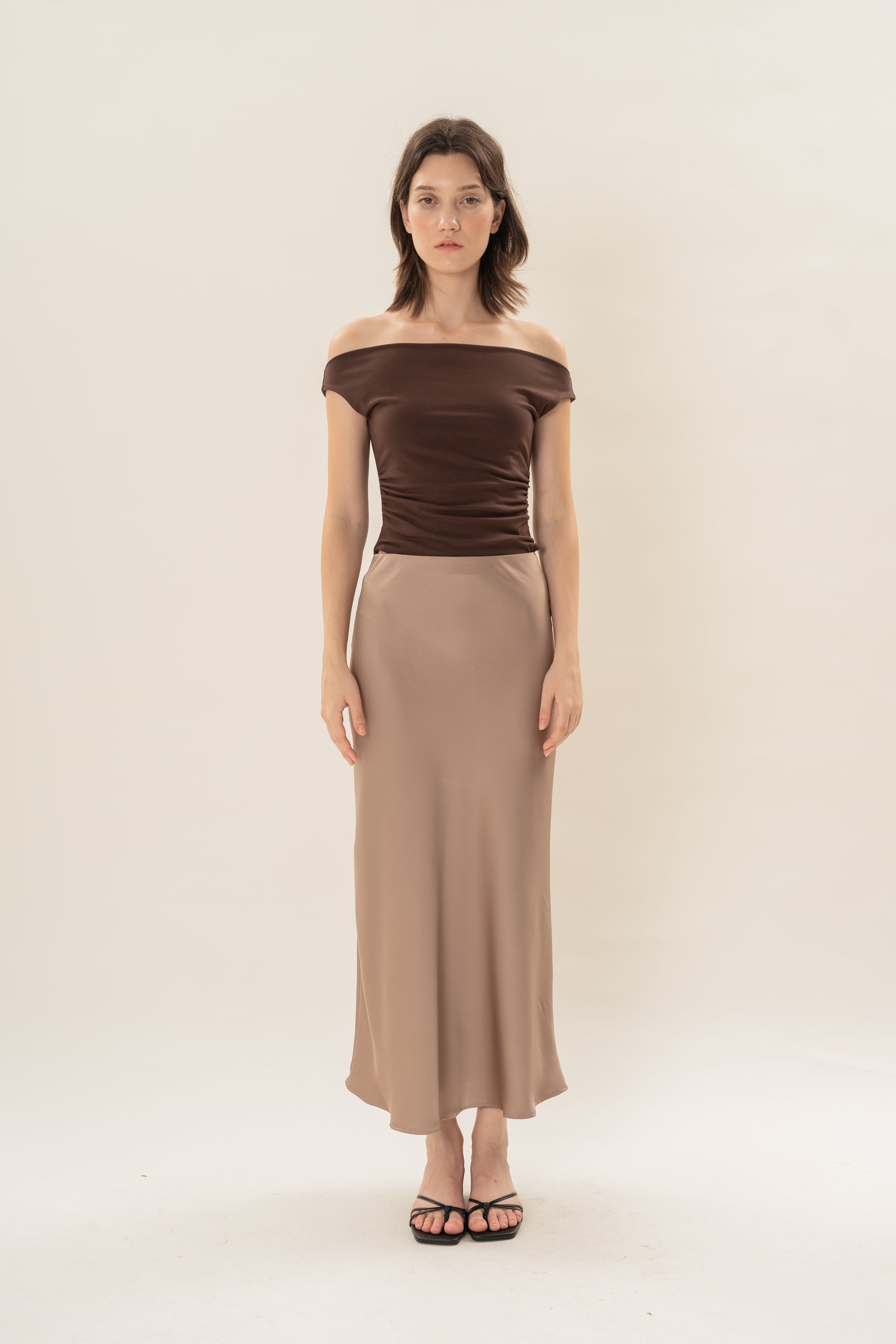 Satin Midi Slip Skirt in Brown