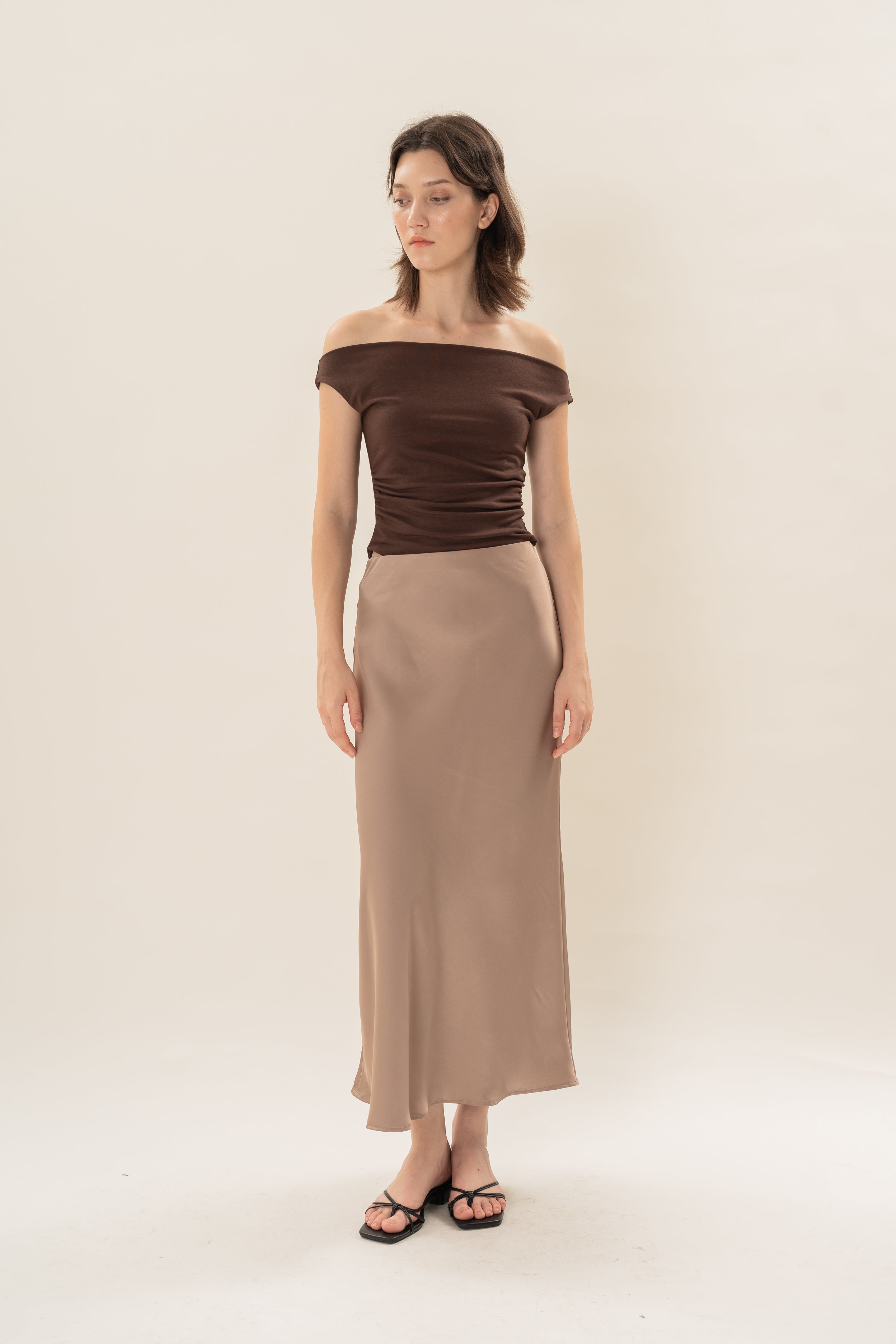 Satin Midi Slip Skirt in Brown