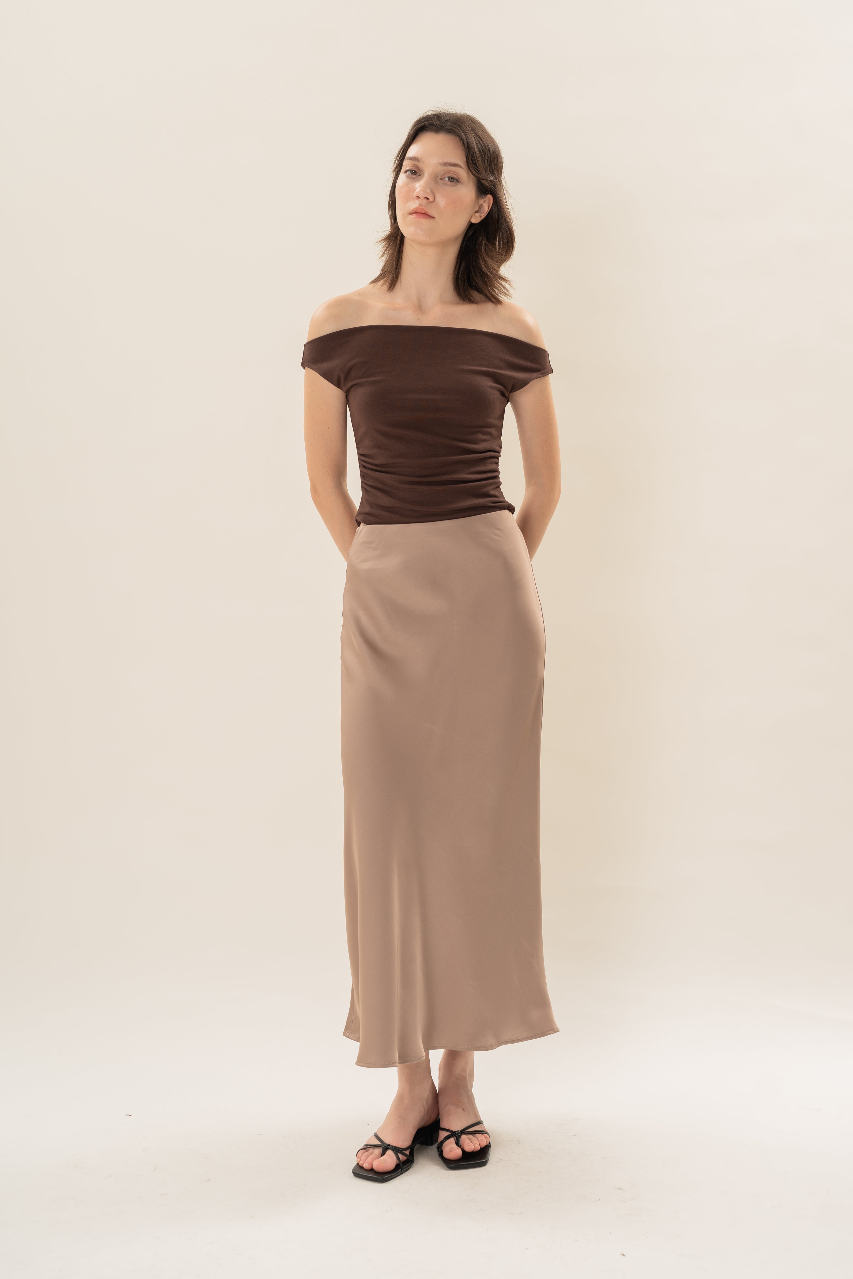 Satin Midi Slip Skirt in Brown