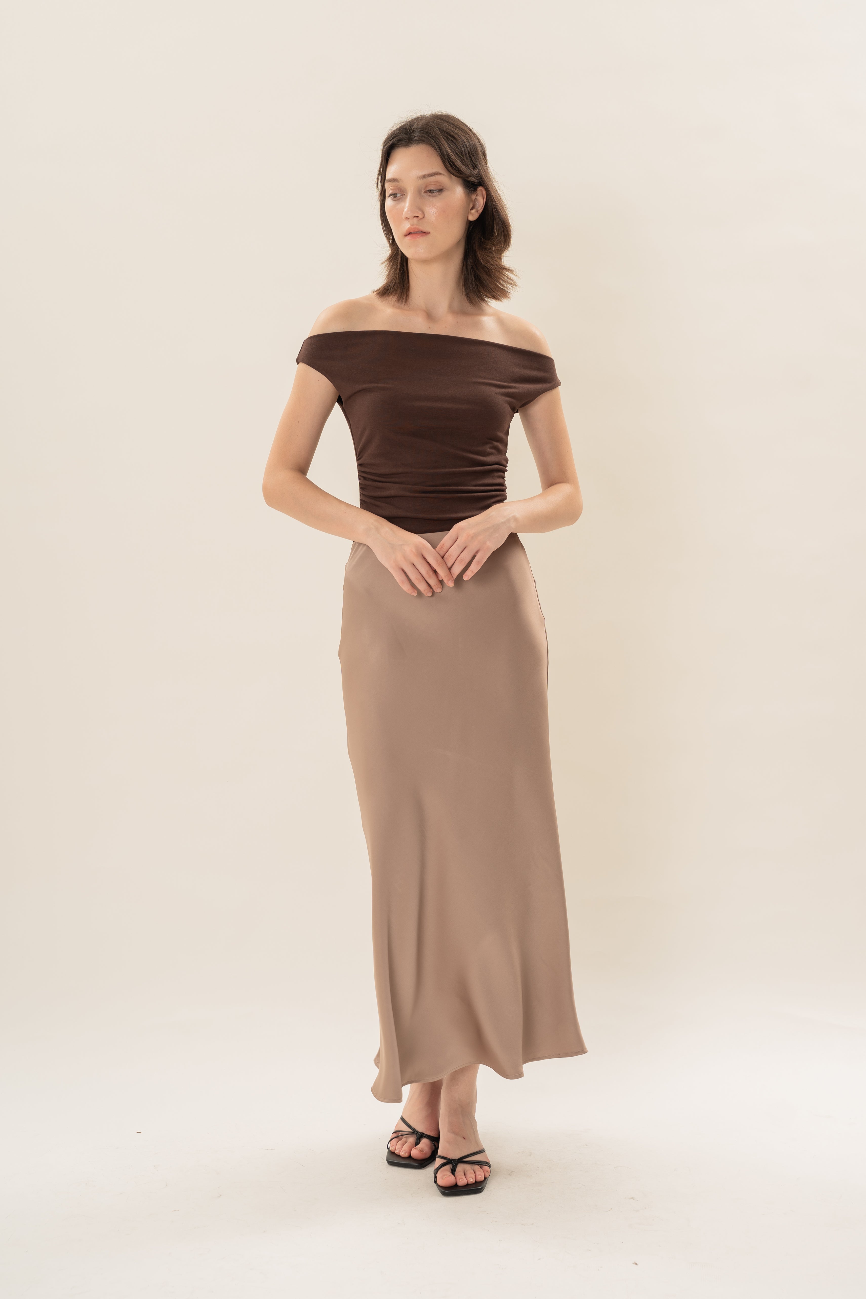 Satin Midi Slip Skirt in Brown