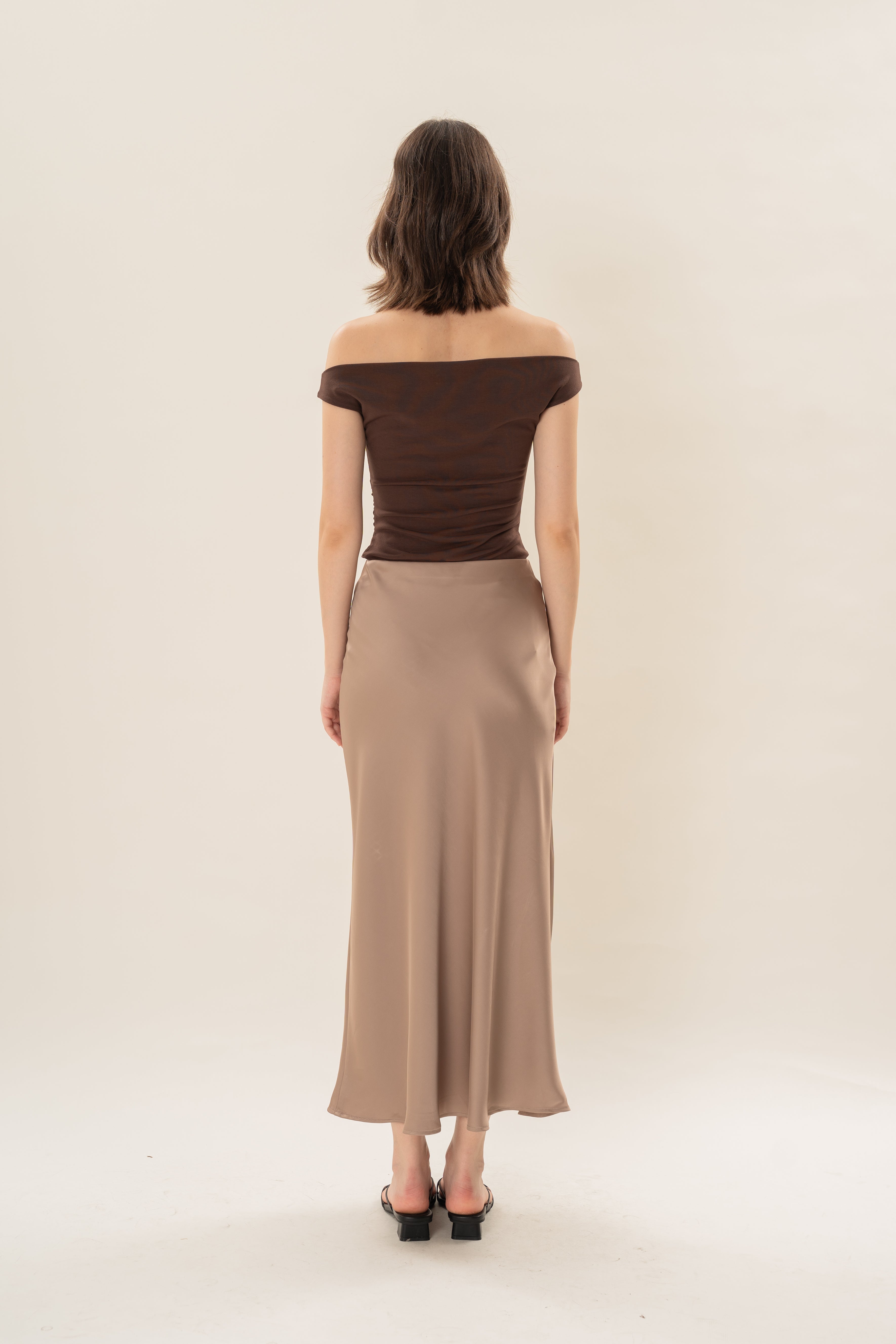 Satin Midi Slip Skirt in Brown