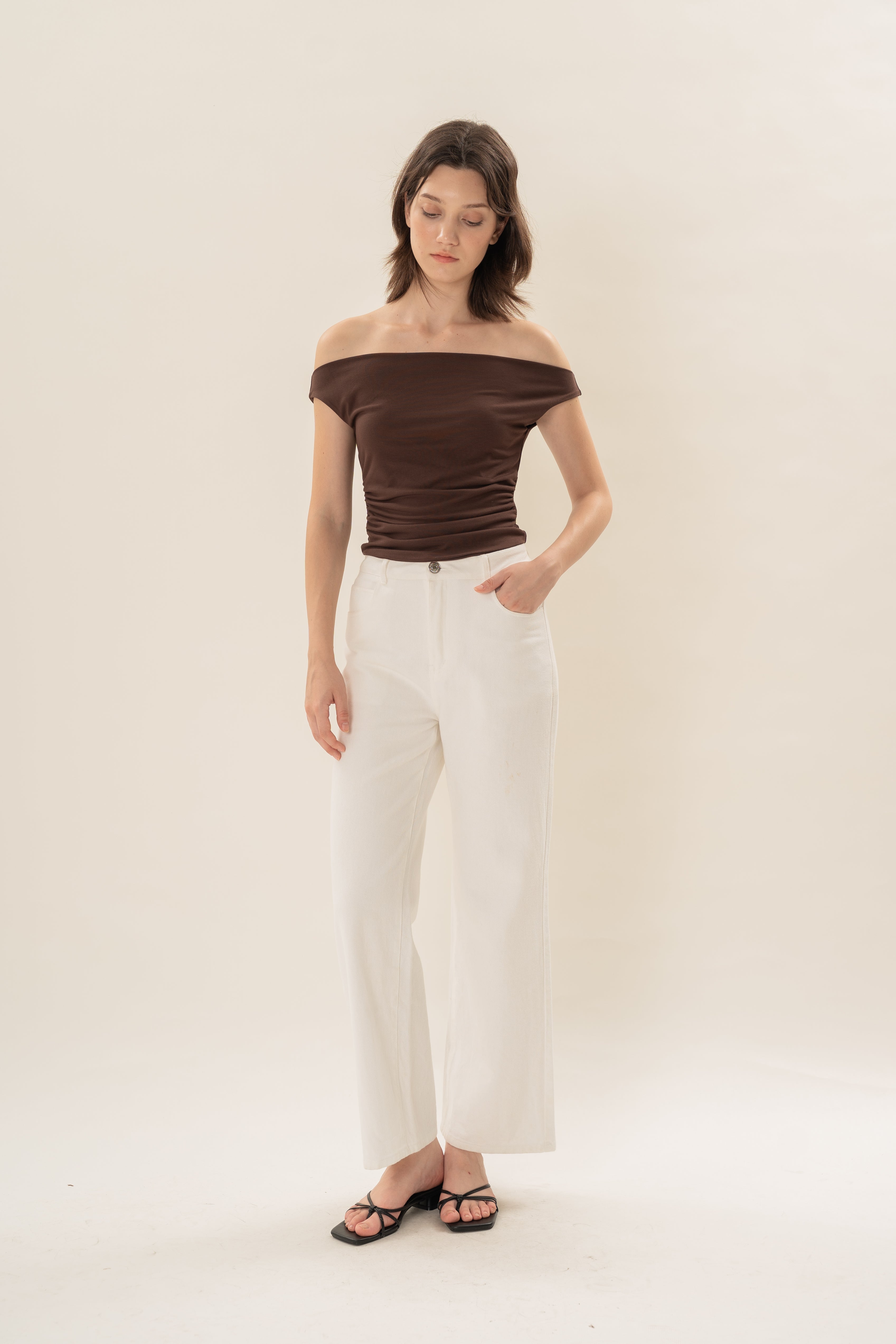 Off Shoulder Ruched Waist Top in Dark Umber