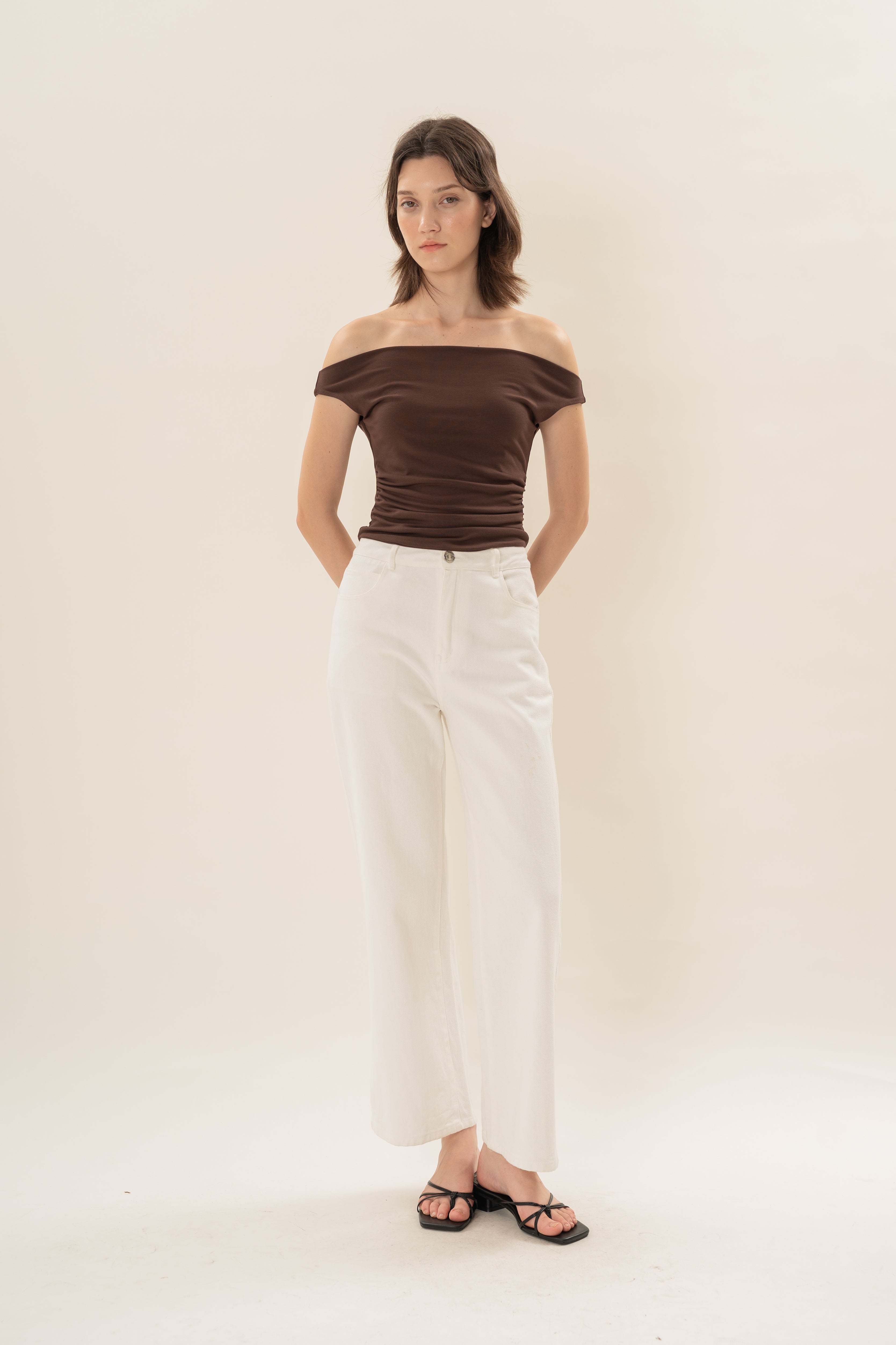 Off Shoulder Ruched Waist Top in Dark Umber