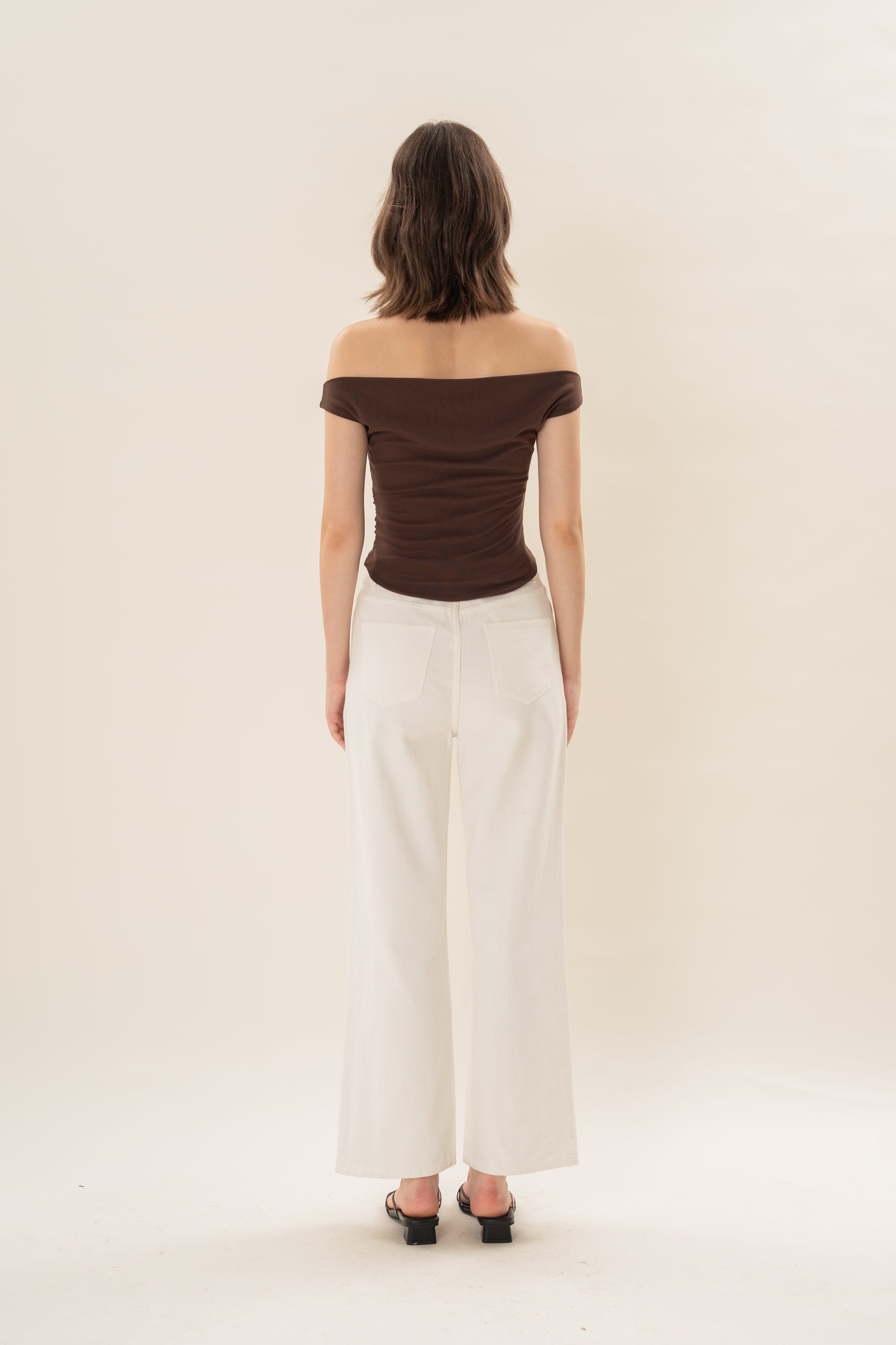 Off Shoulder Ruched Waist Top in Dark Umber