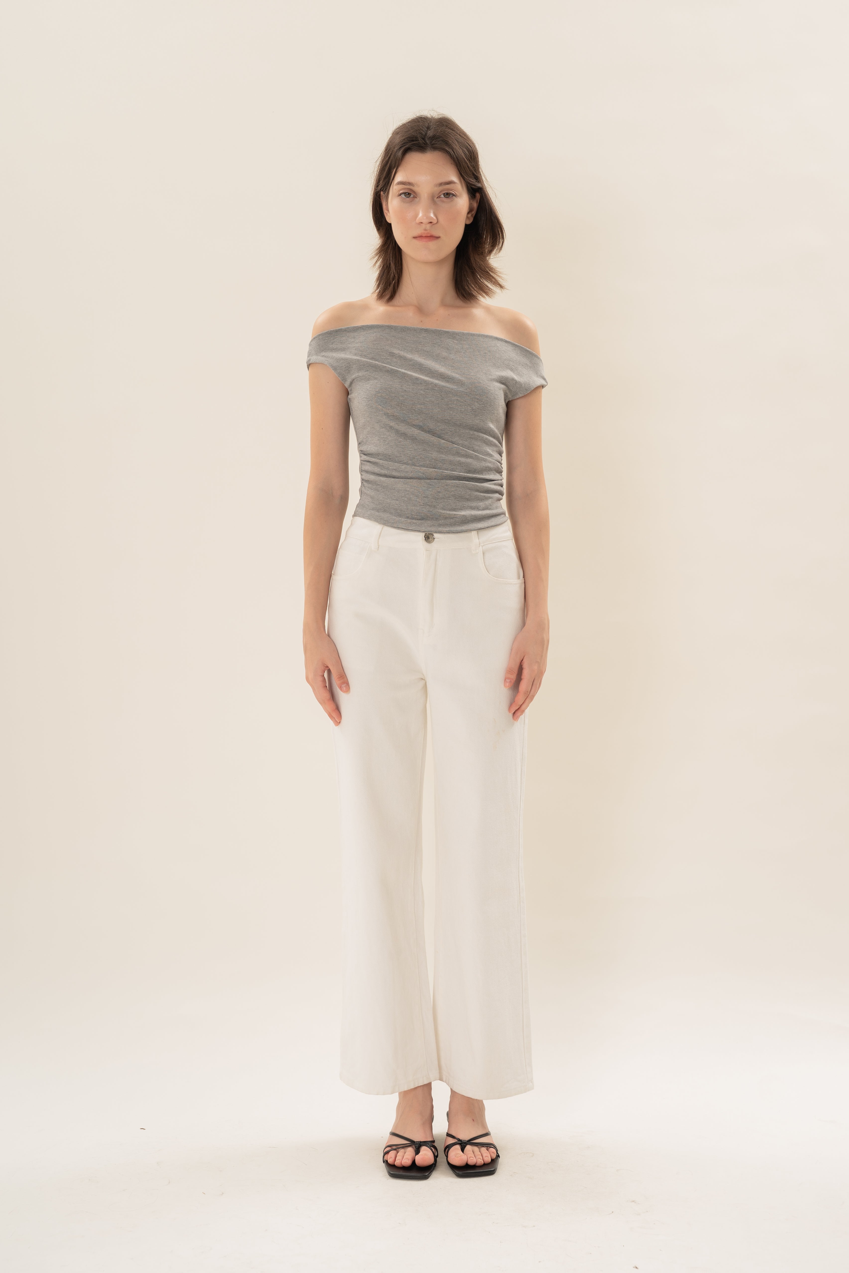 Off Shoulder Ruched Waist Top in Heather Grey