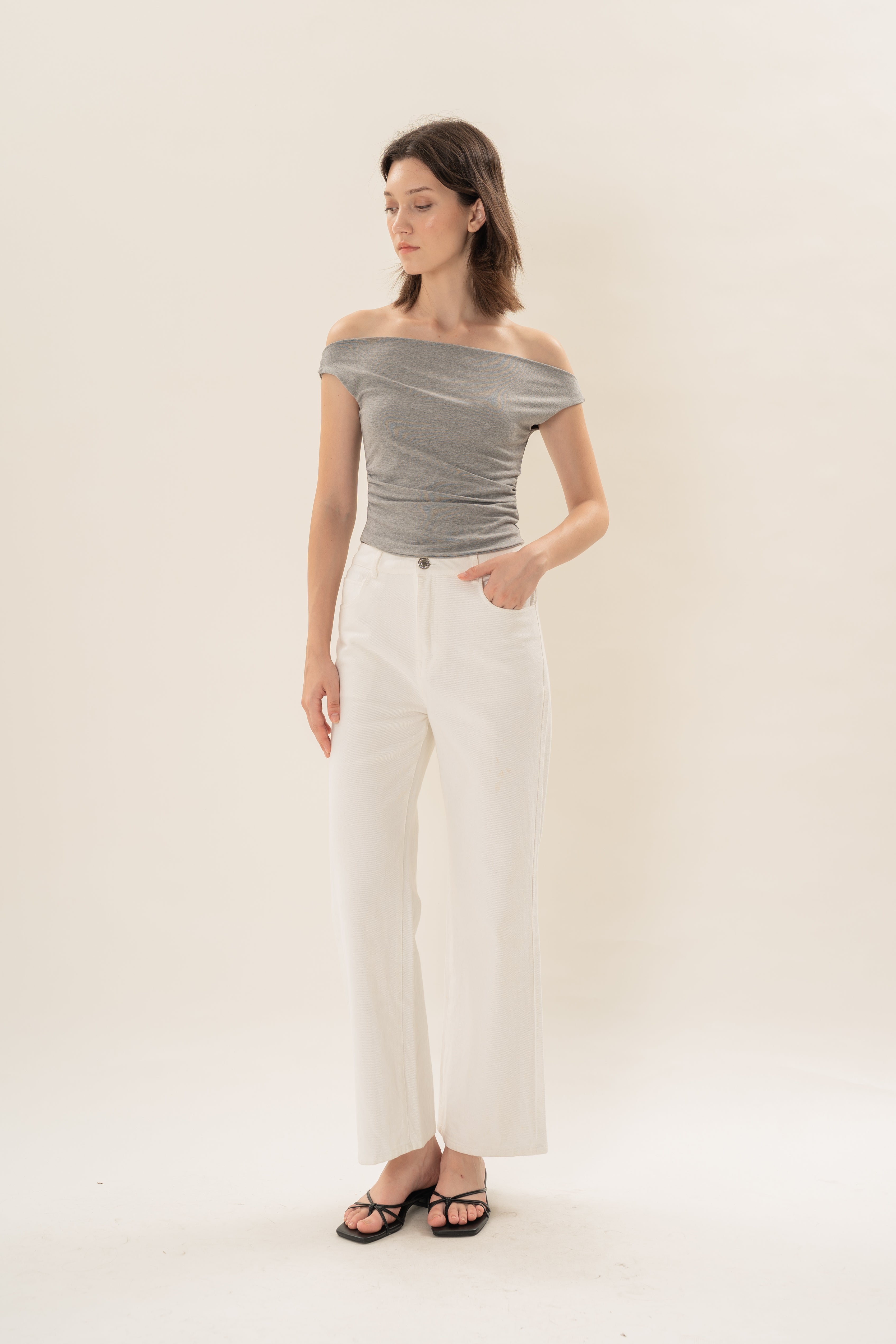 Off Shoulder Ruched Waist Top in Heather Grey