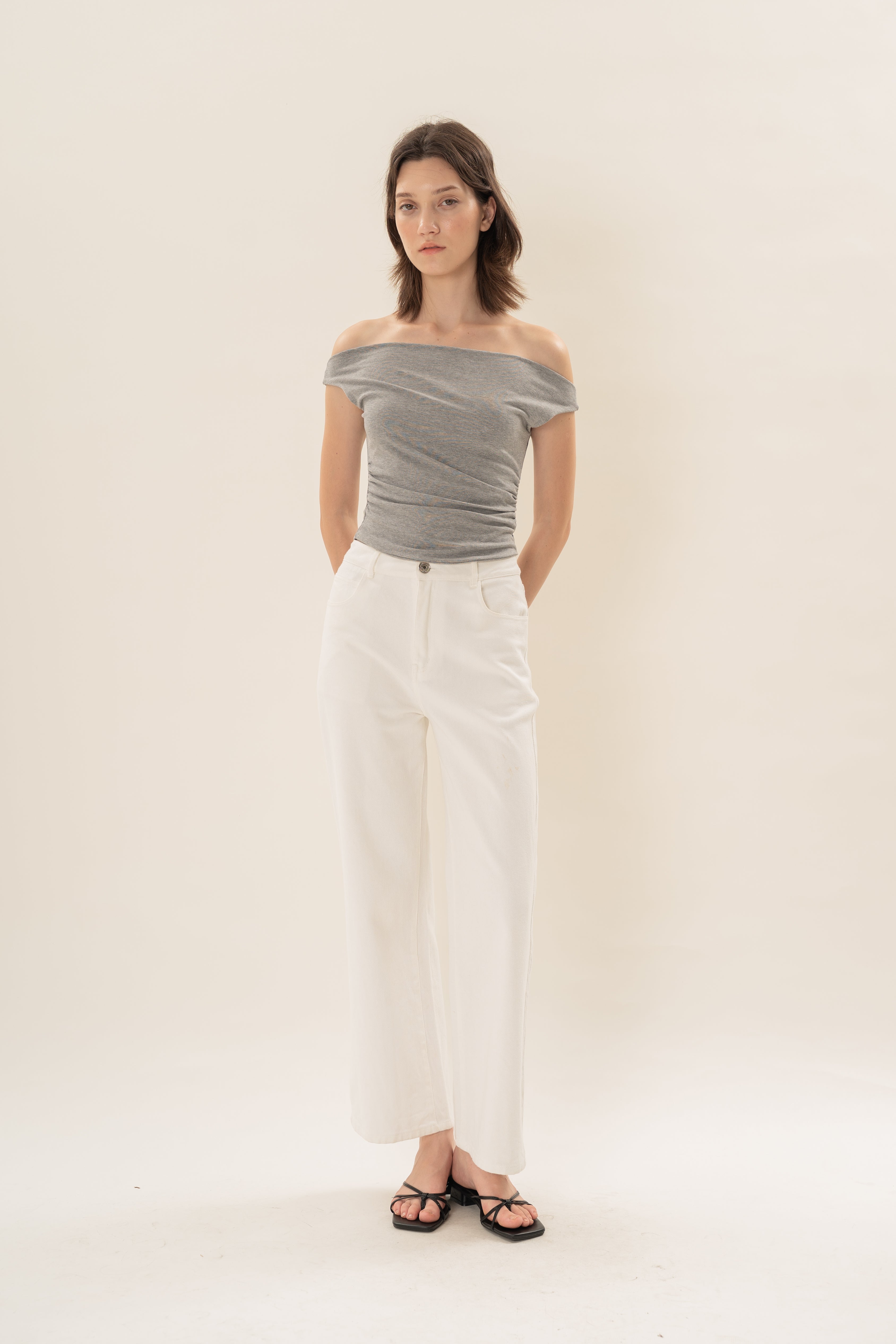 Off Shoulder Ruched Waist Top in Heather Grey