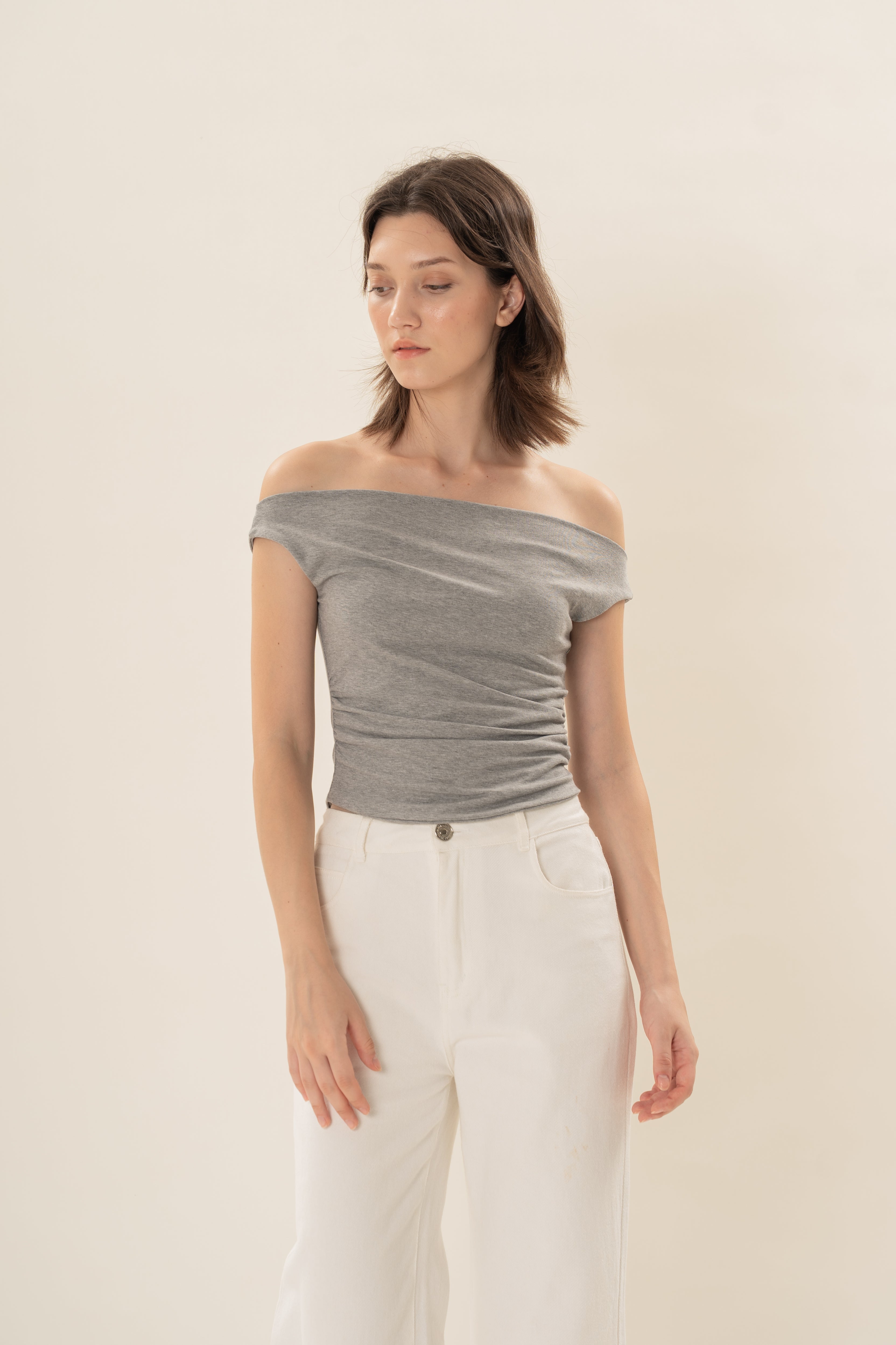 Off Shoulder Ruched Waist Top in Heather Grey