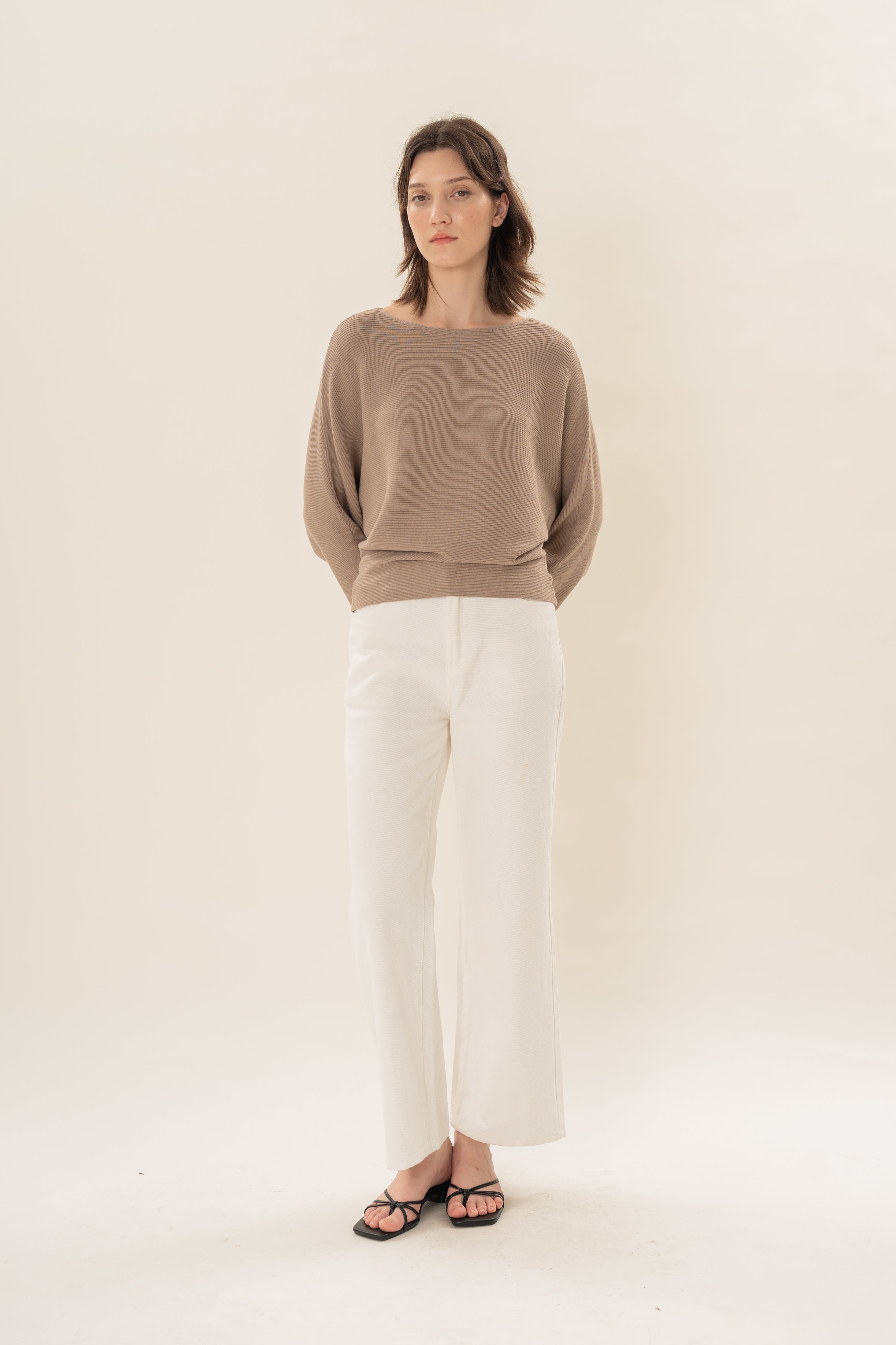 Boat Neck Knitted Long Sleeved Top in Taupe