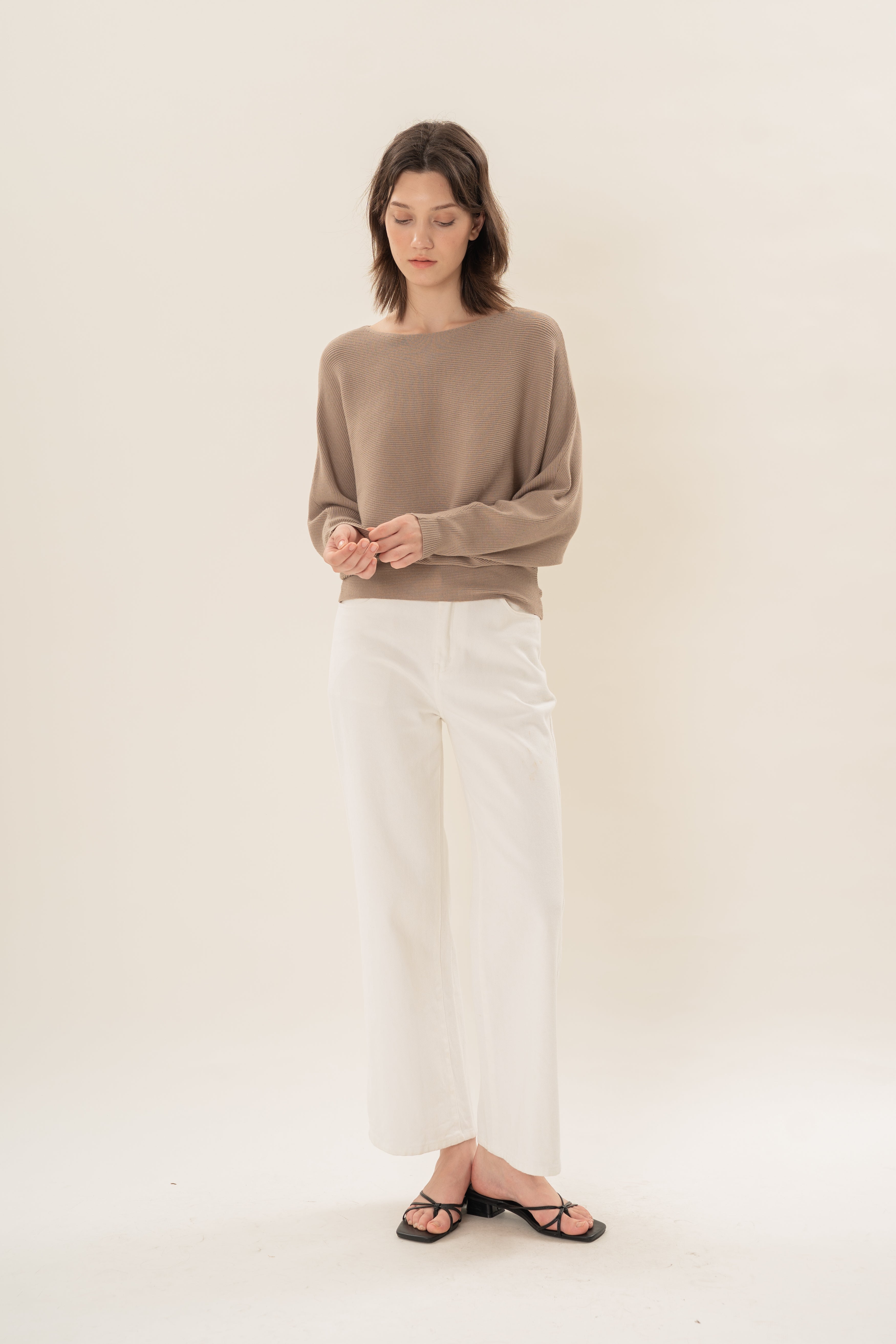 Boat Neck Knitted Long Sleeved Top in Taupe