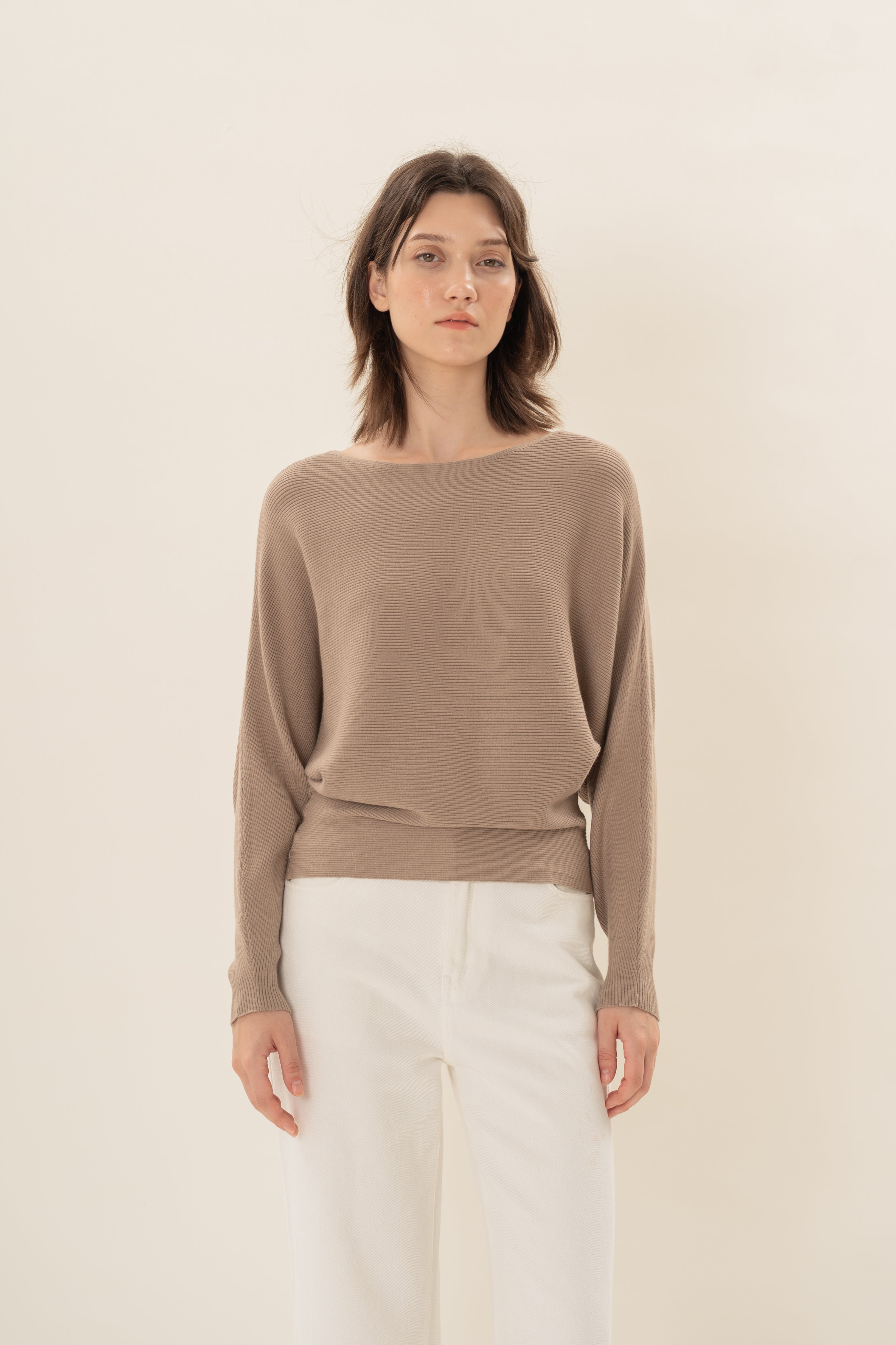 Boat Neck Knitted Long Sleeved Top in Taupe