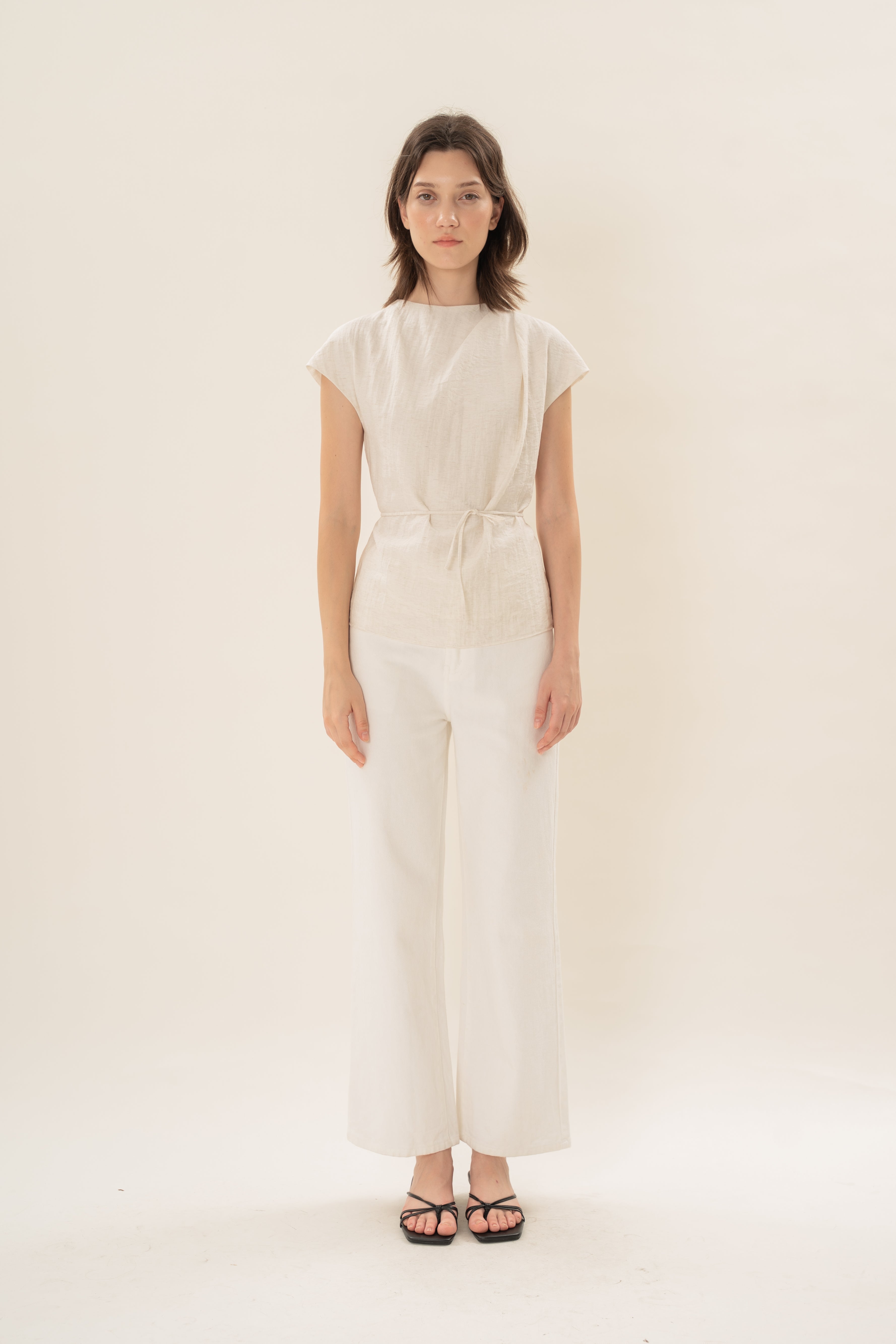 Pleated Shoulder Tie Top in Natural