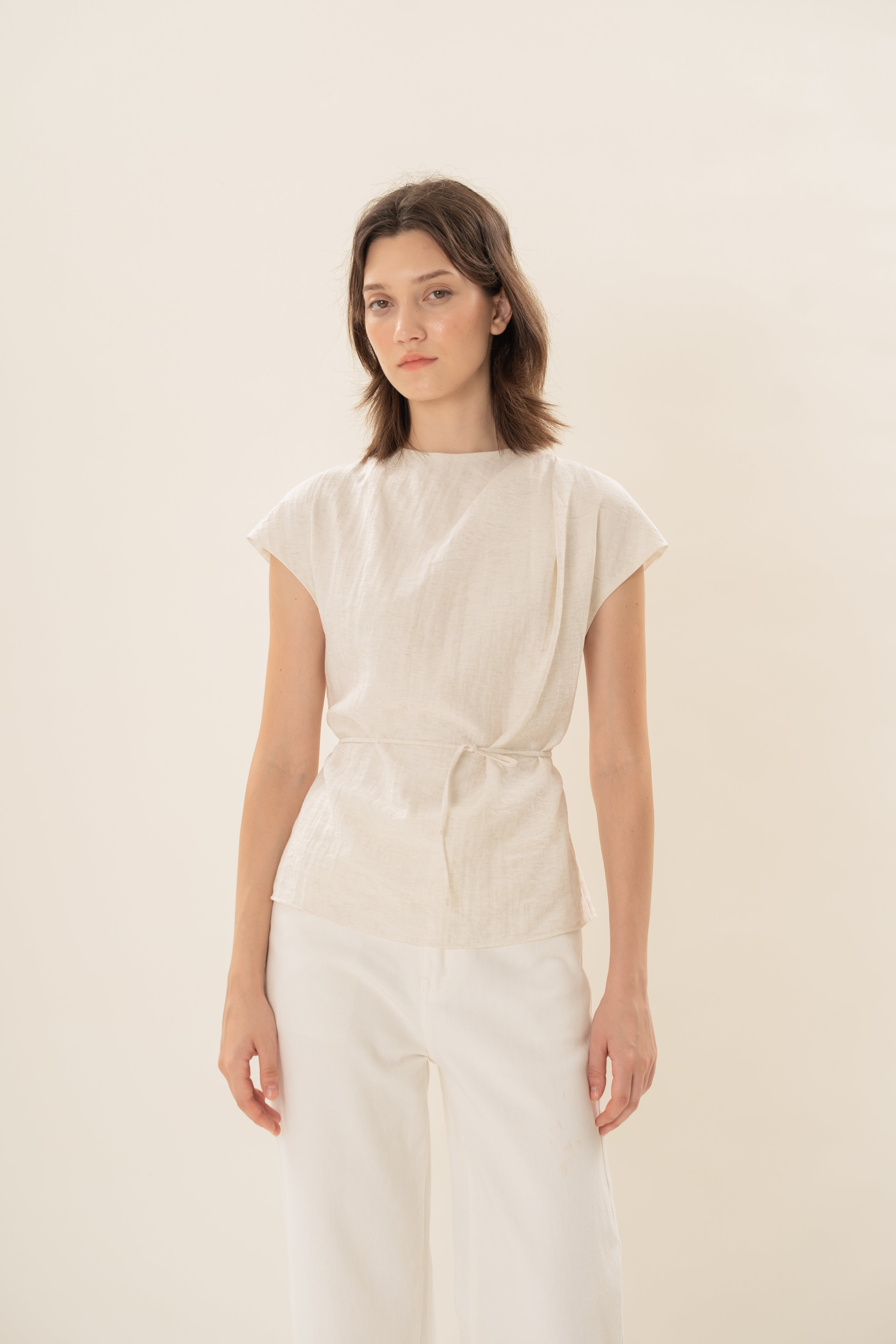 Pleated Shoulder Tie Top in Natural