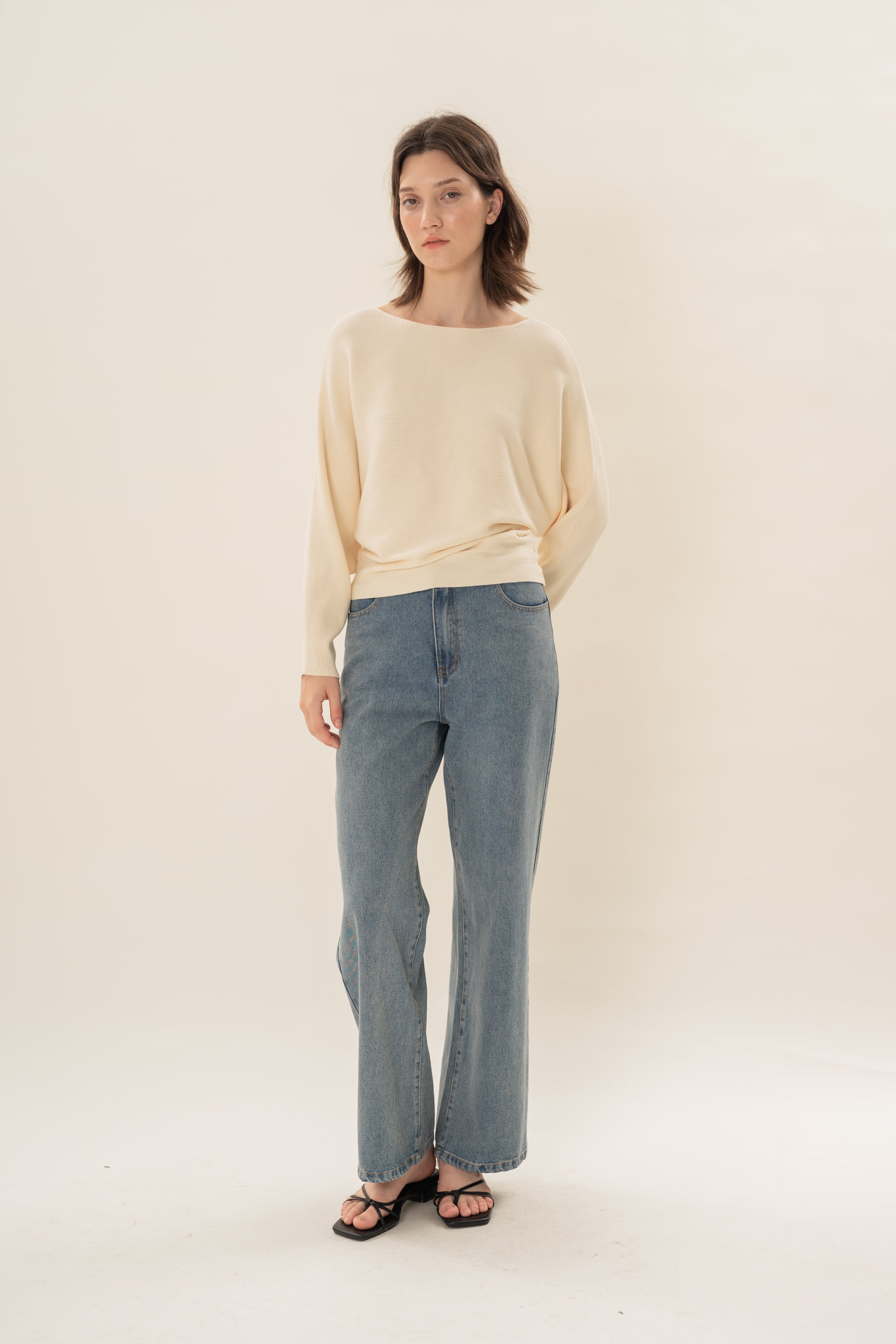 Boat Neck Knitted Long Sleeved Top in Natural