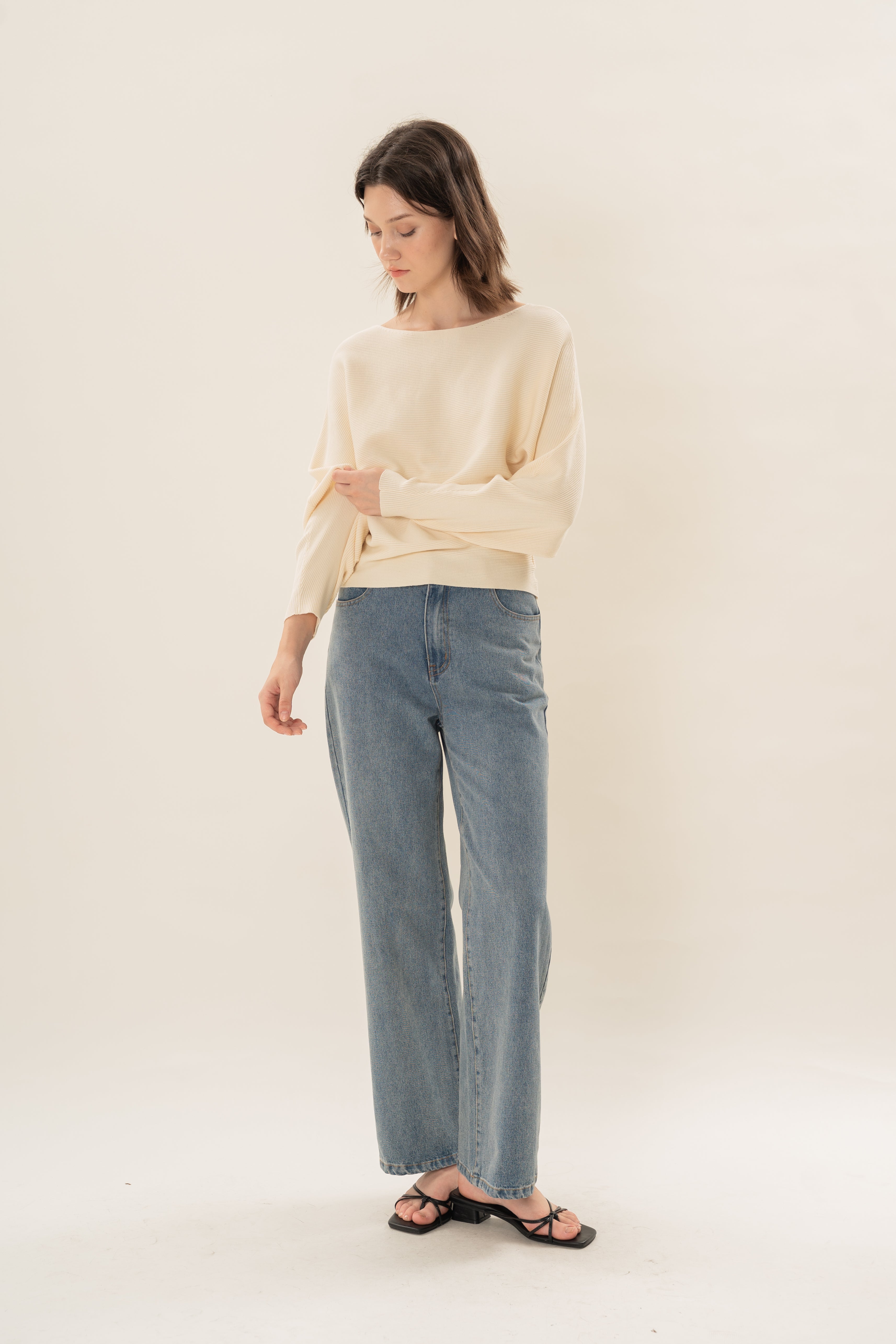 Boat Neck Knitted Long Sleeved Top in Natural