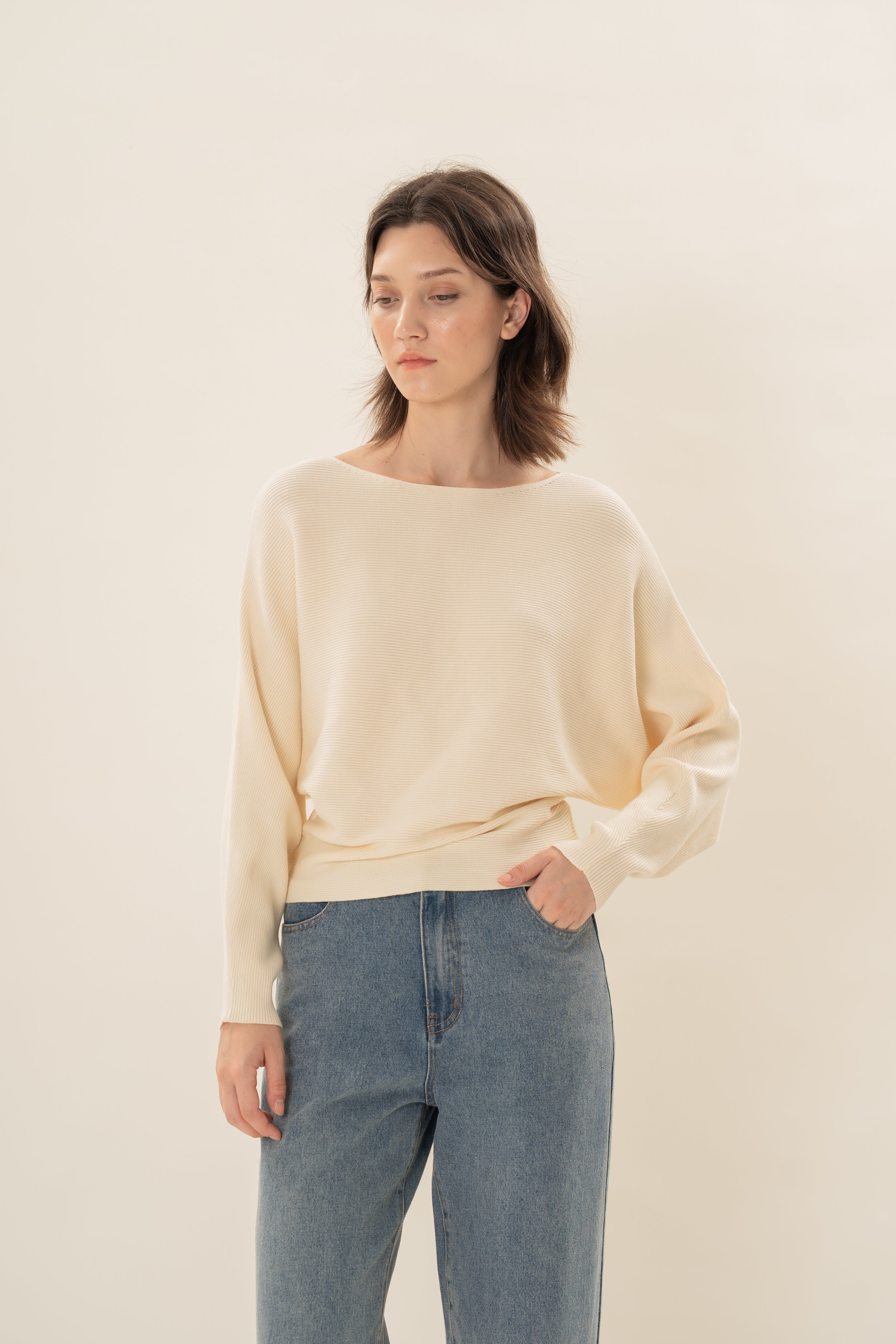Boat Neck Knitted Long Sleeved Top in Natural