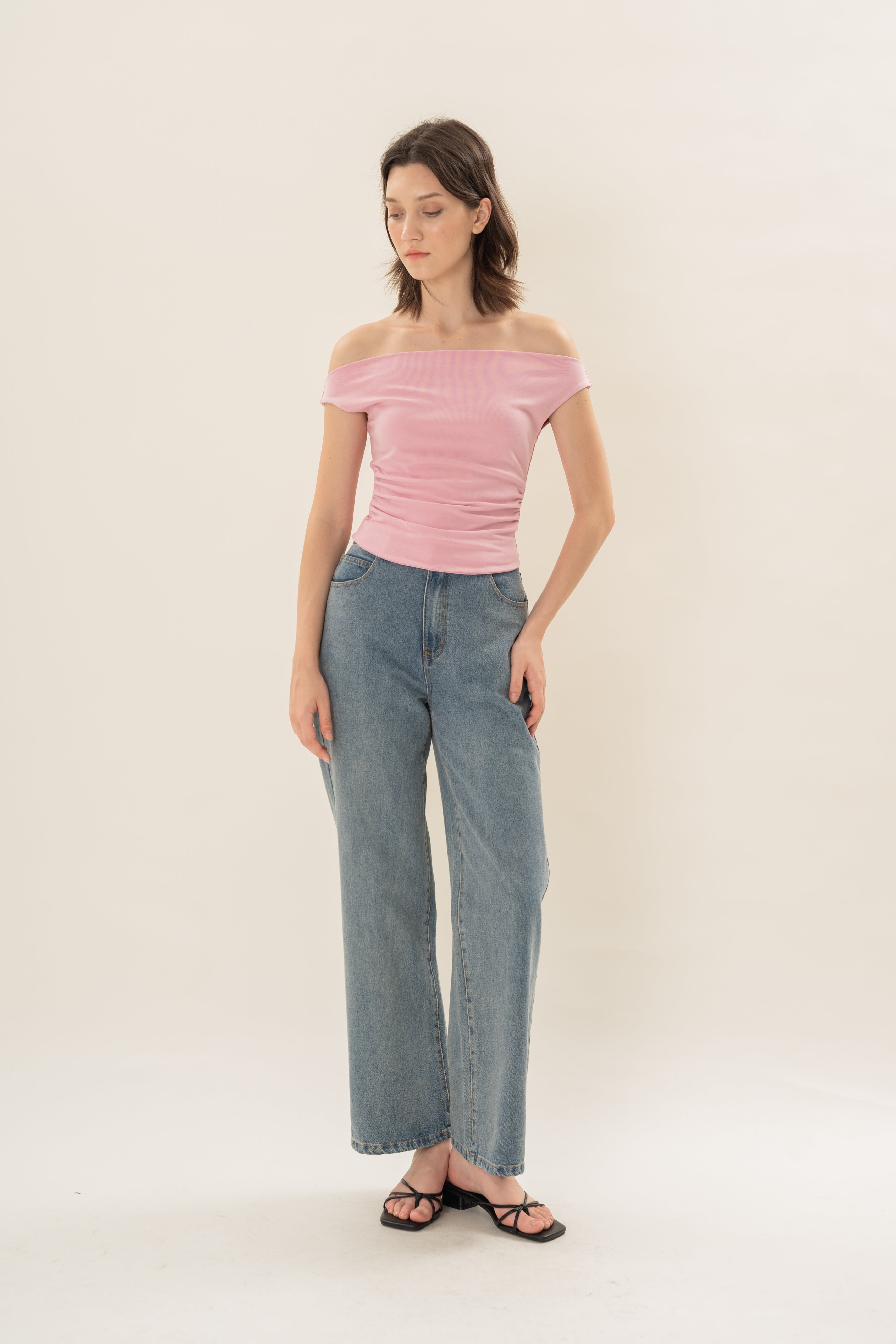 Off Shoulder Ruched Waist Top in Rosebloom