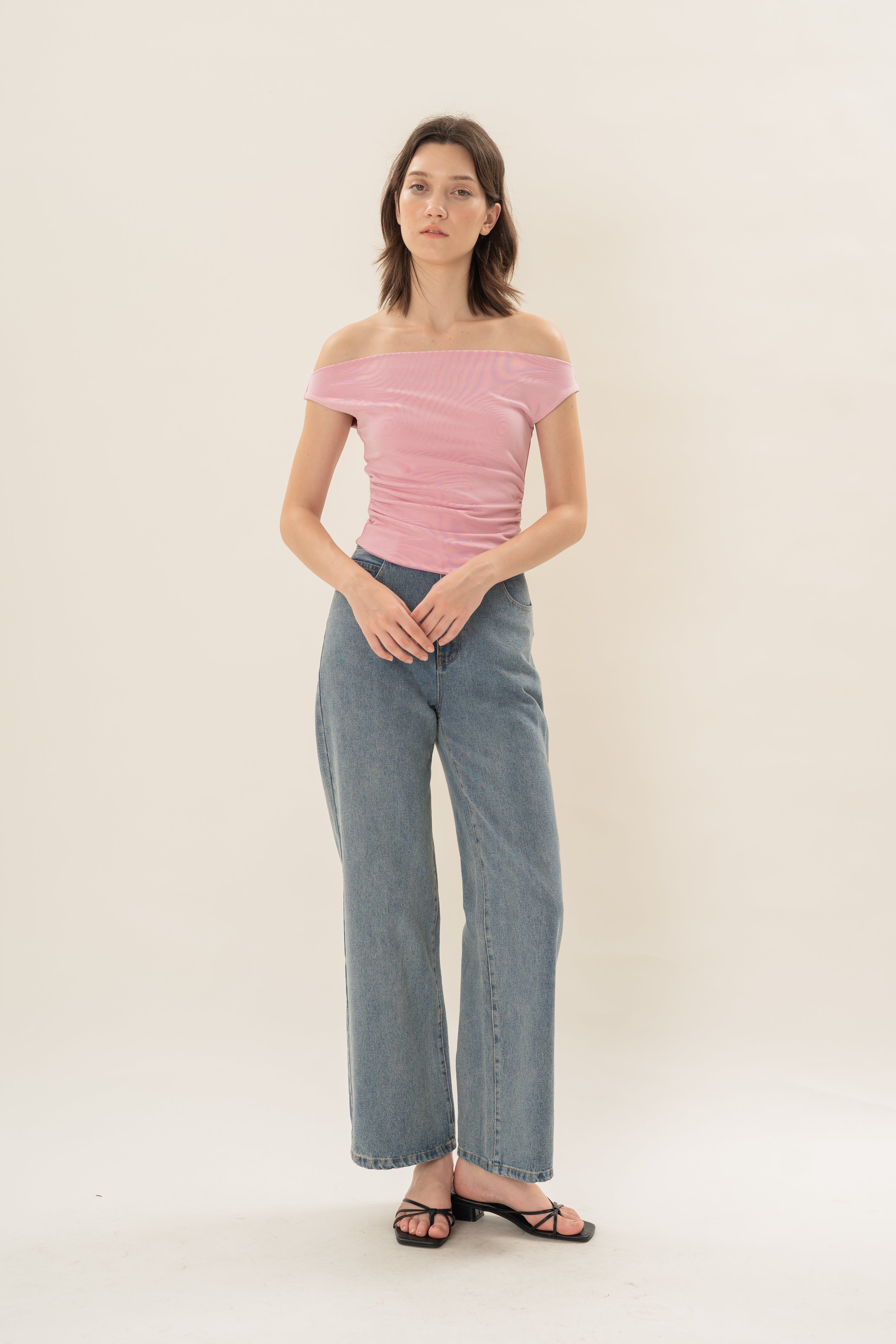 Off Shoulder Ruched Waist Top in Rosebloom