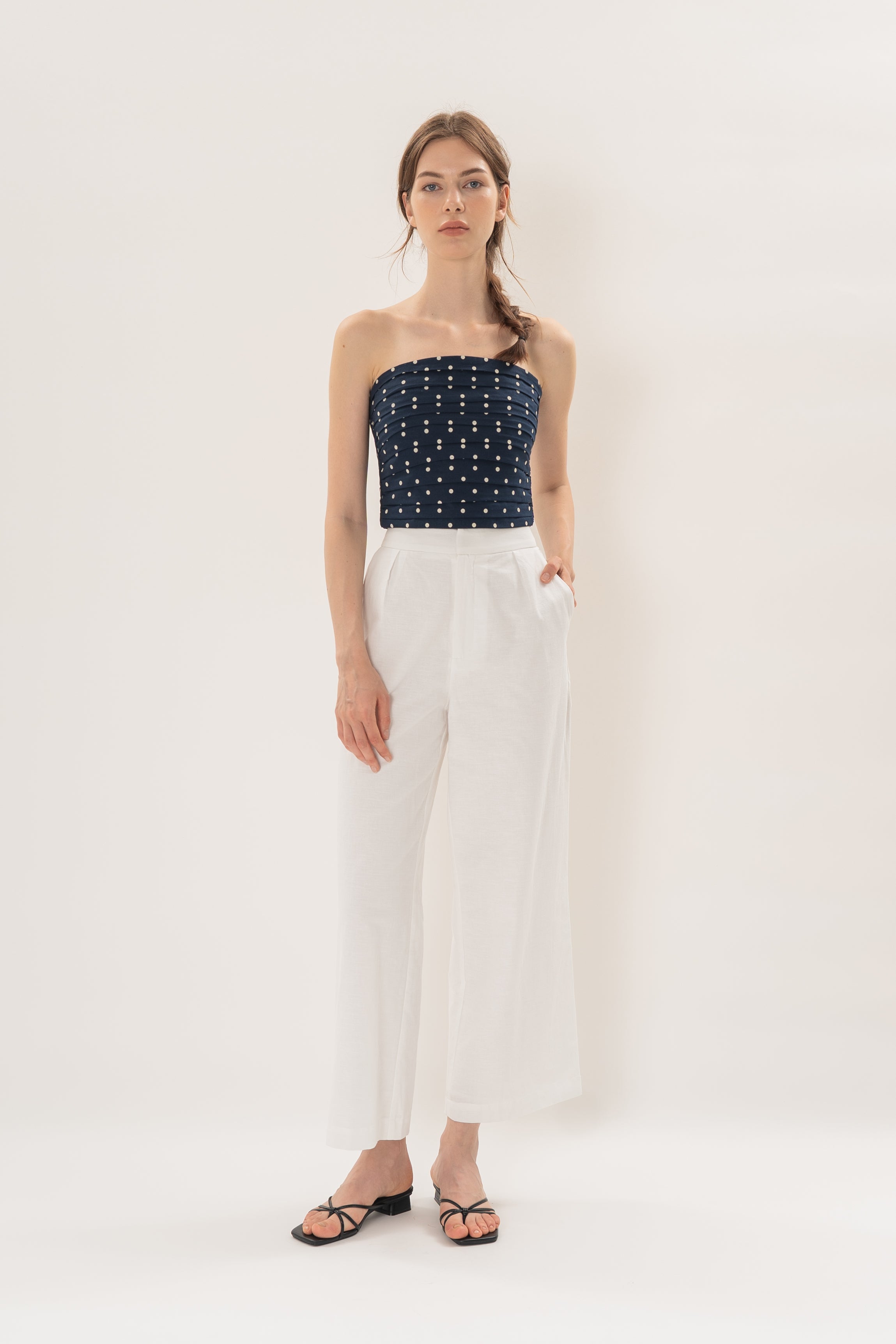 Ruched Bandeau Padded Top in Ivory Dot