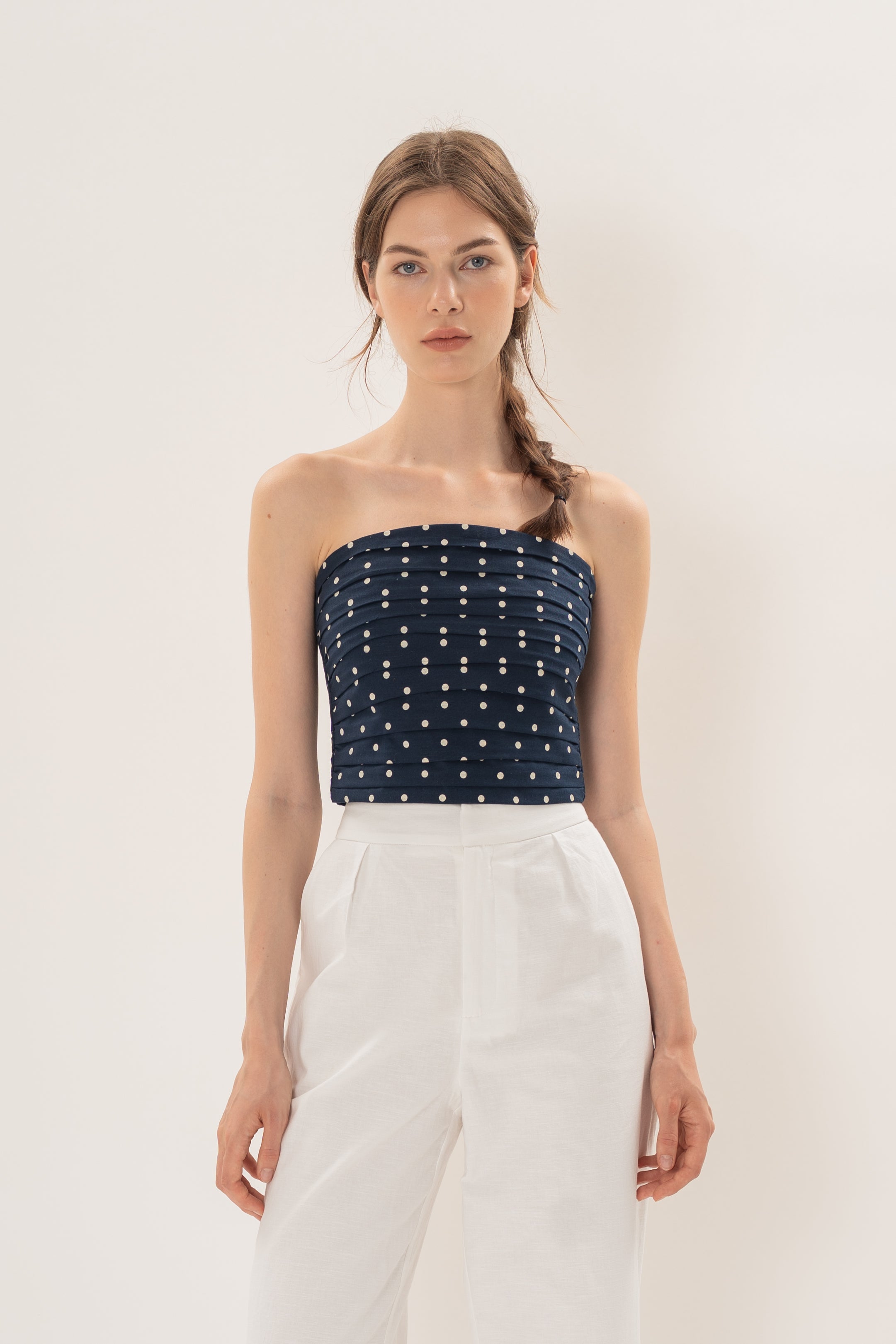 Ruched Bandeau Padded Top in Ivory Dot