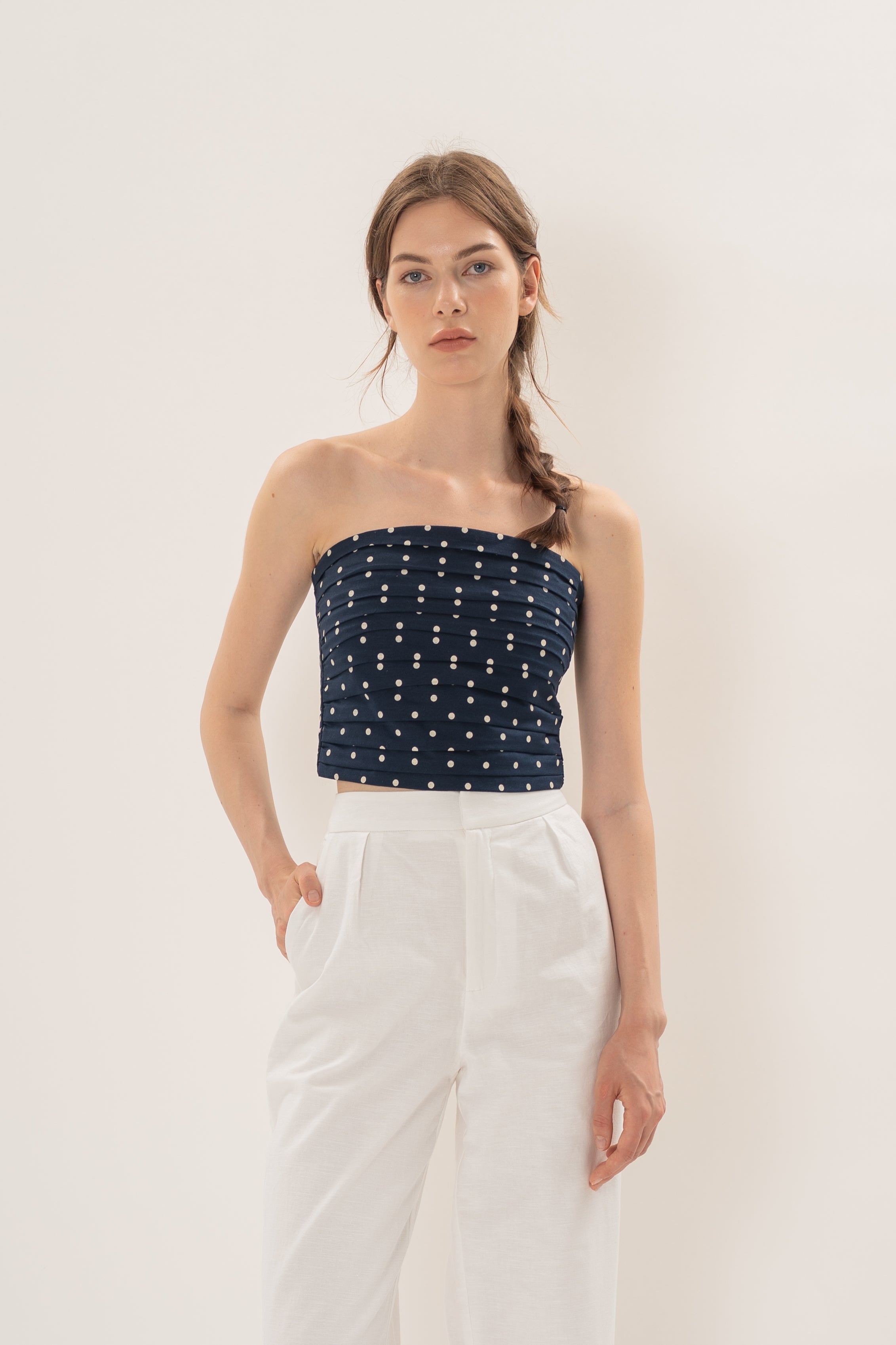 Ruched Bandeau Padded Top in Ivory Dot