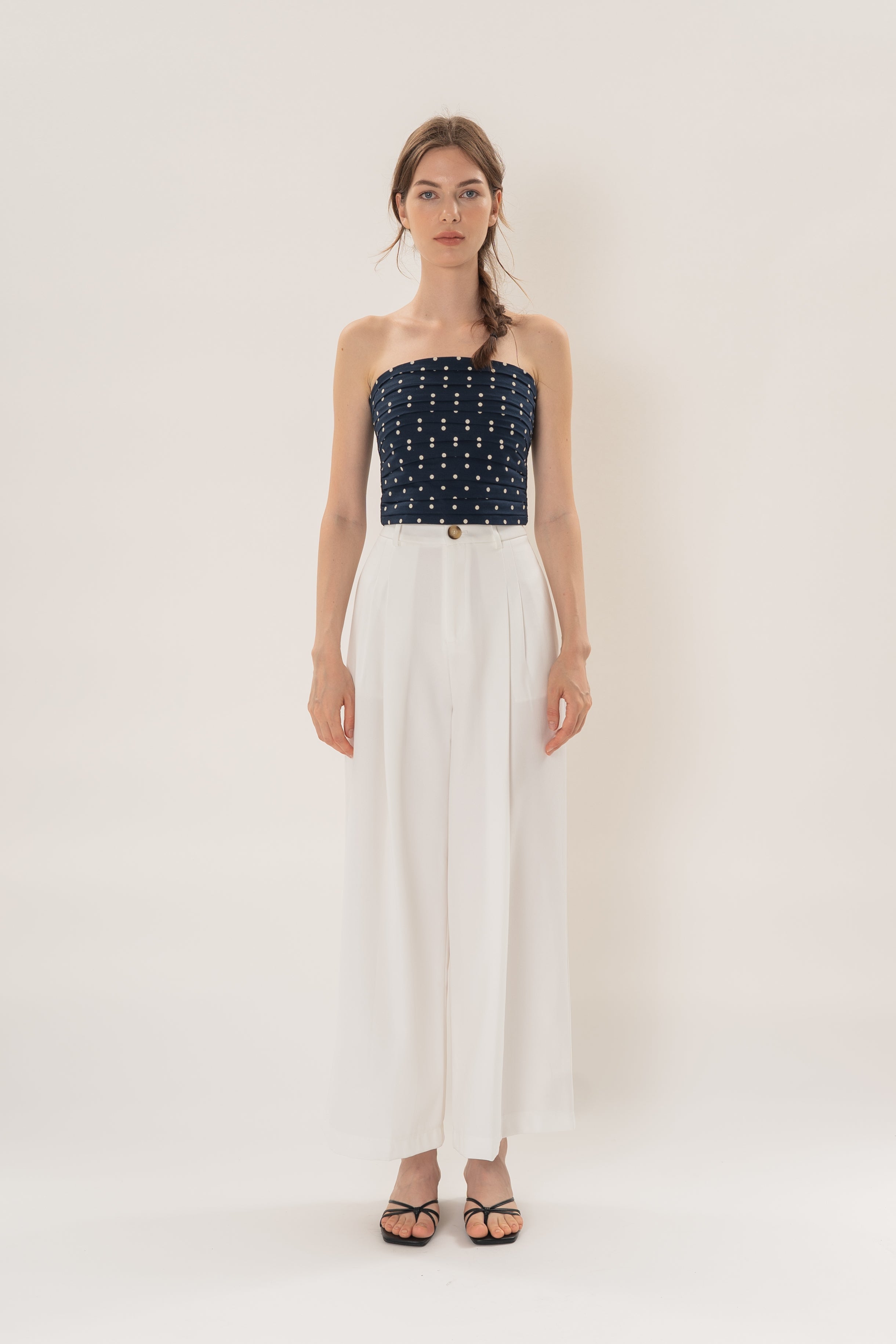 Linear Pleat Wide-Leg Trousers in White