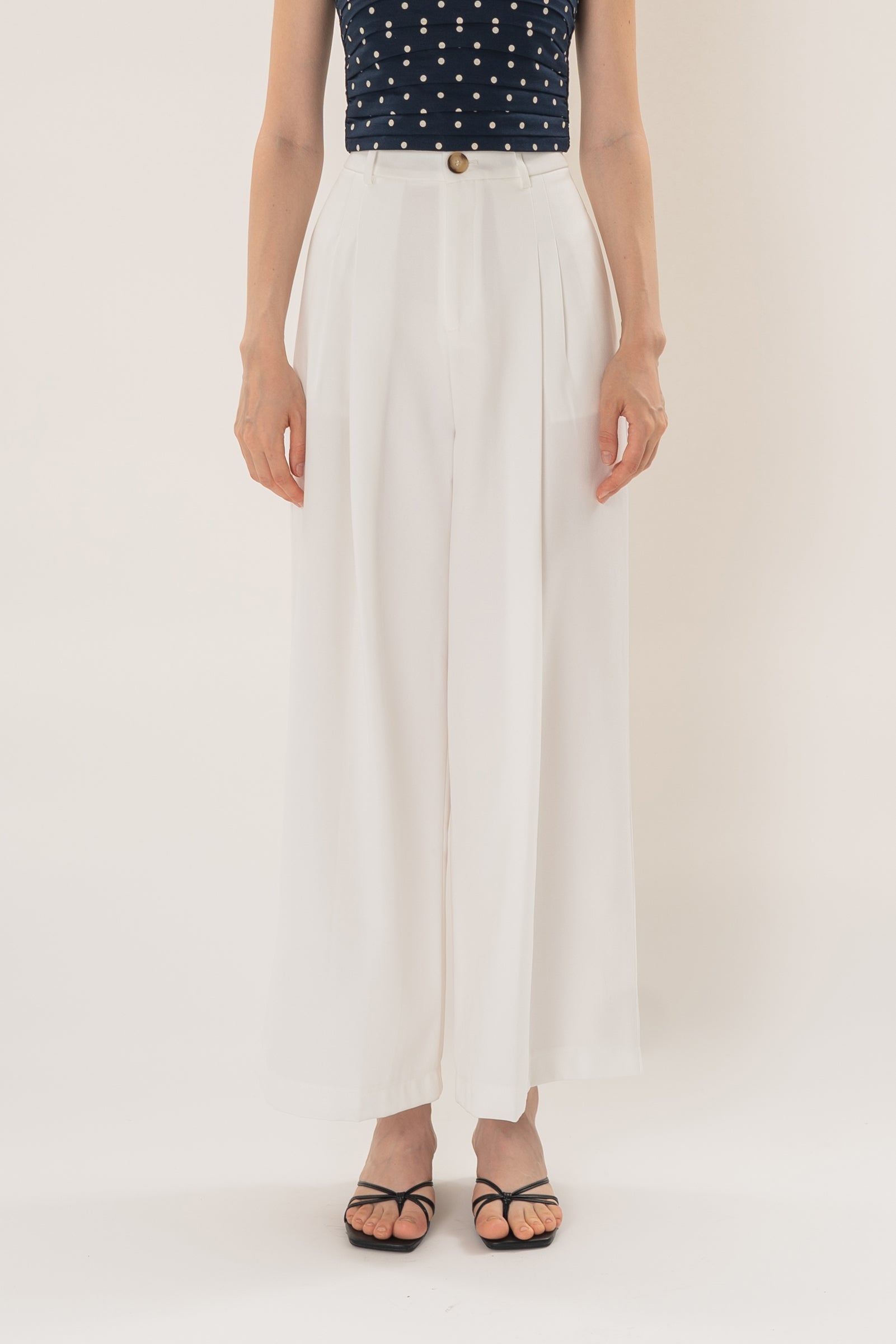 Linear Pleat Wide-Leg Trousers in White