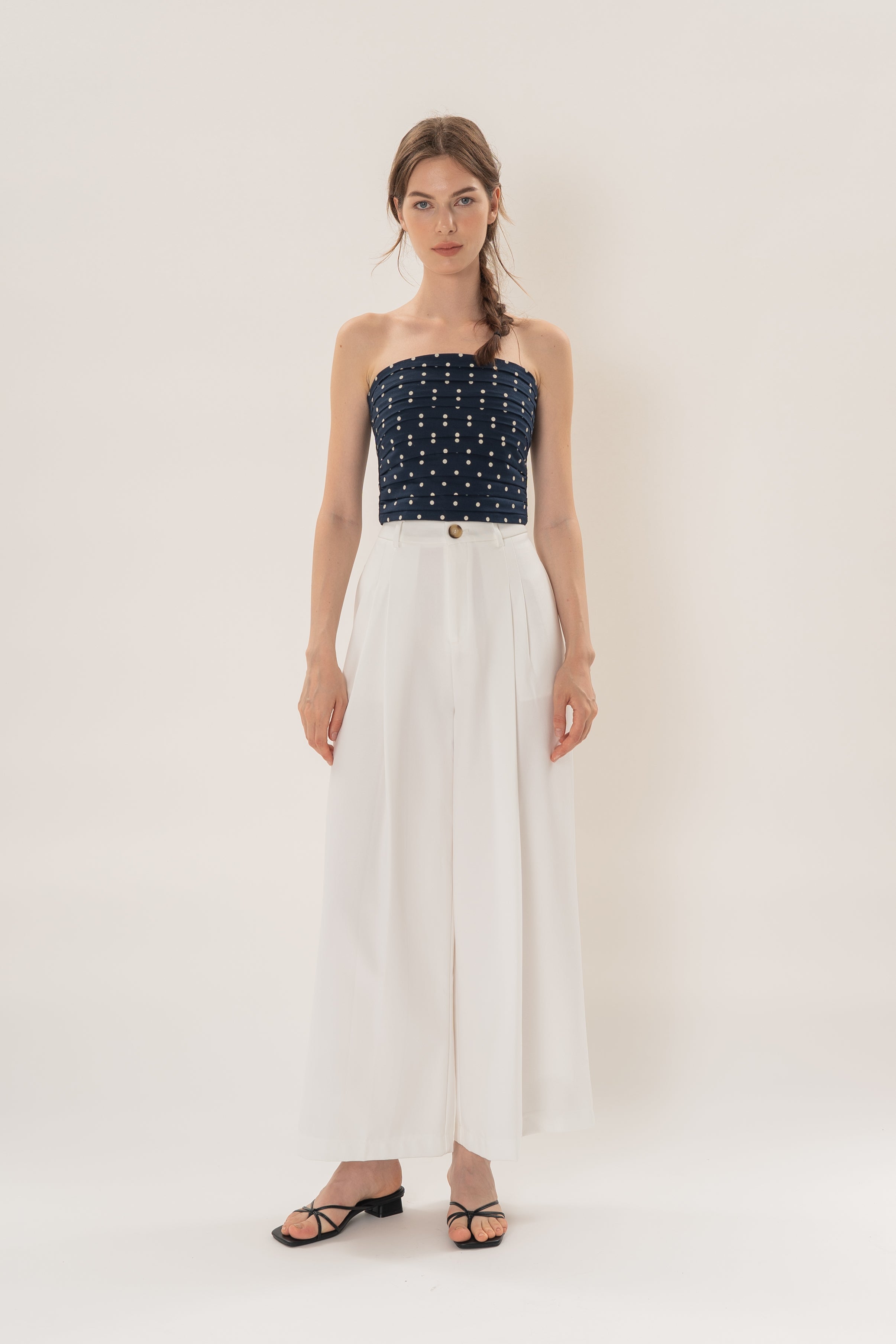 Linear Pleat Wide-Leg Trousers in White