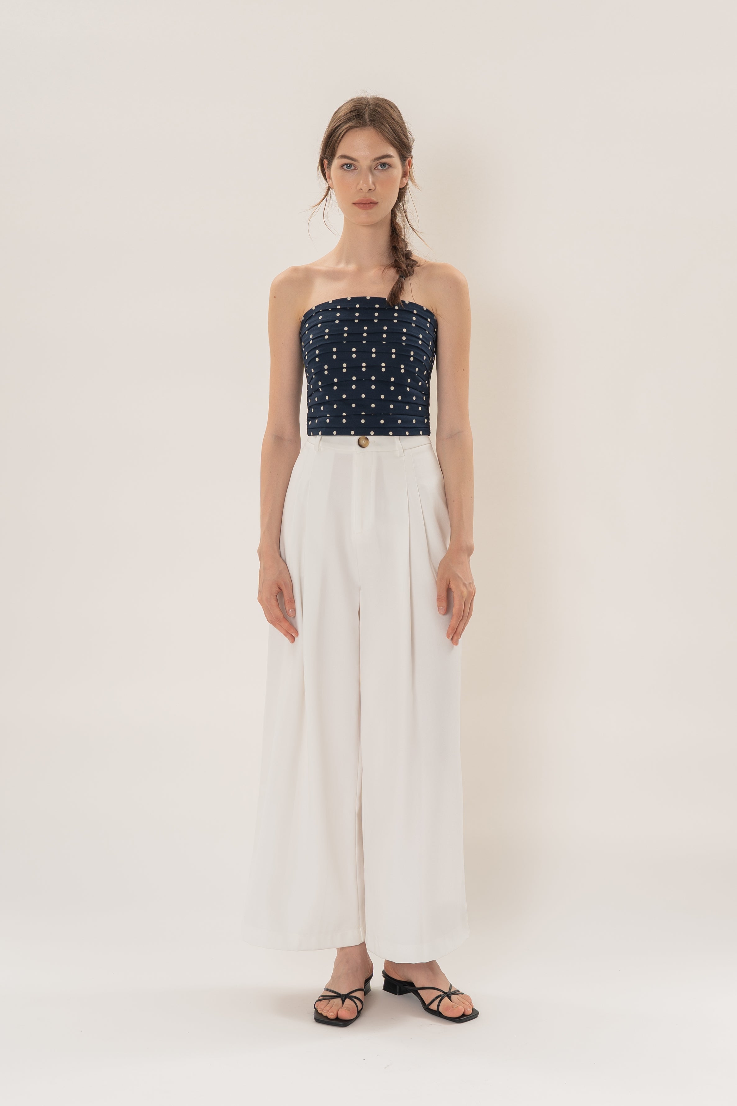 Linear Pleat Wide-Leg Trousers in White