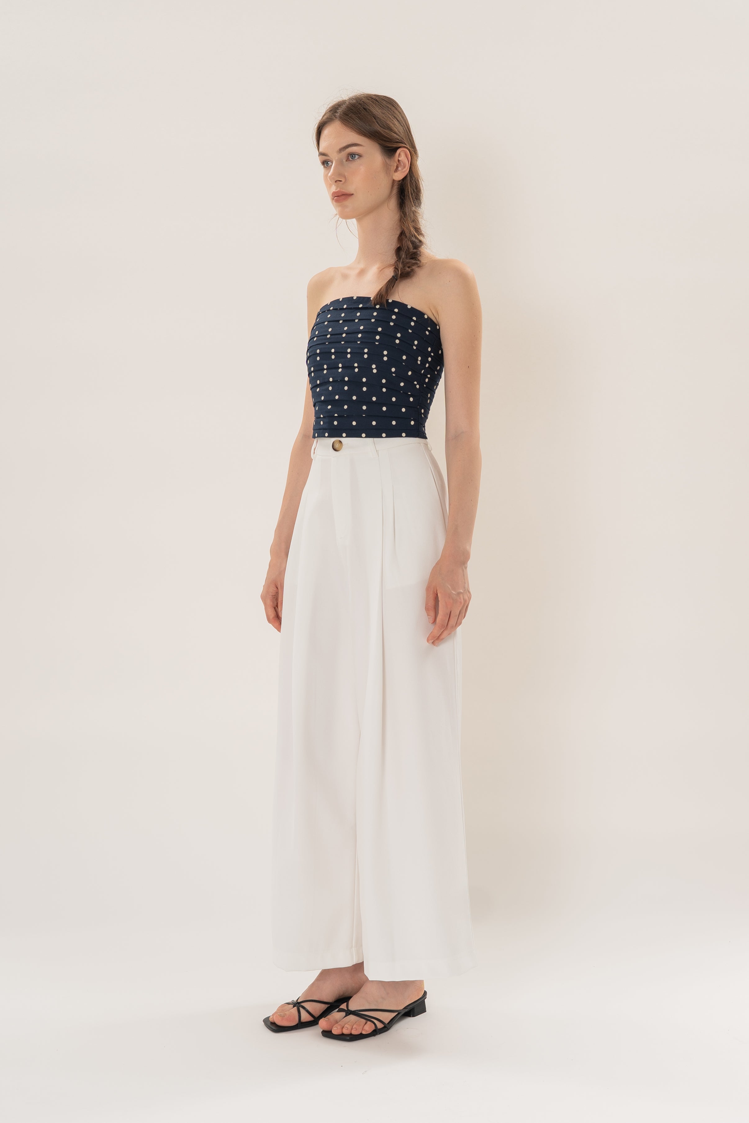 Linear Pleat Wide-Leg Trousers in White