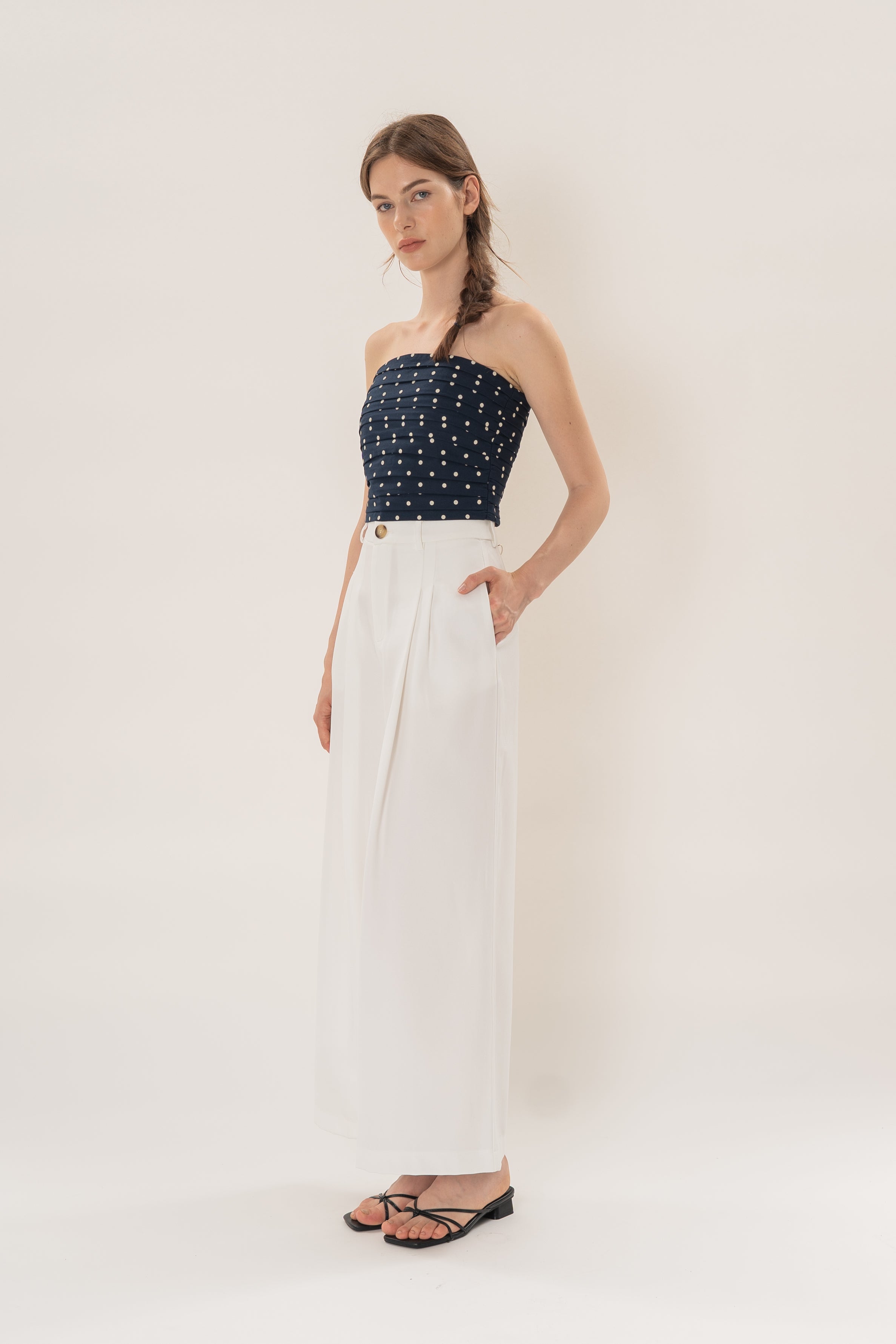Linear Pleat Wide-Leg Trousers in White