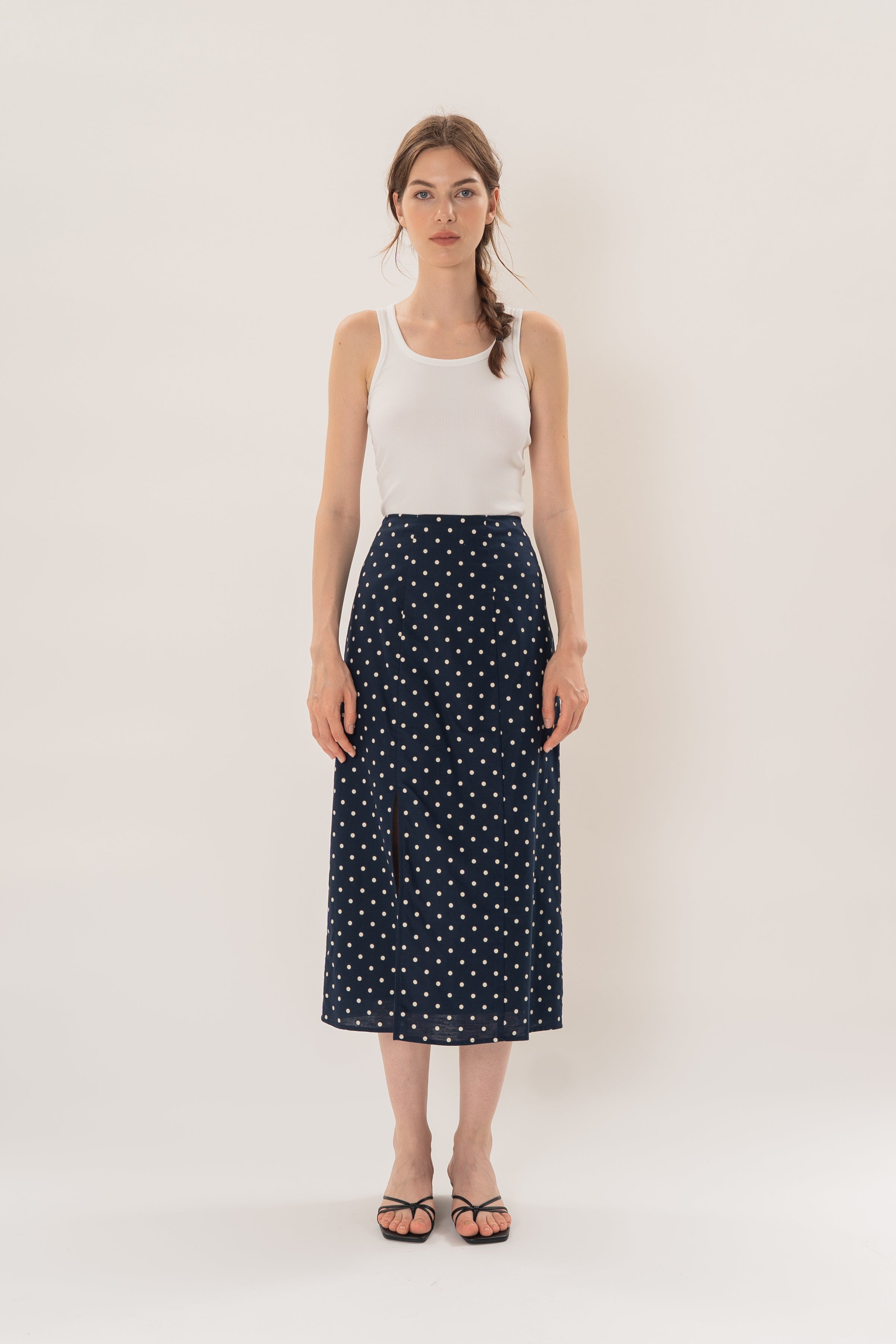 Midi Skirt With Slit in Ivory Dot