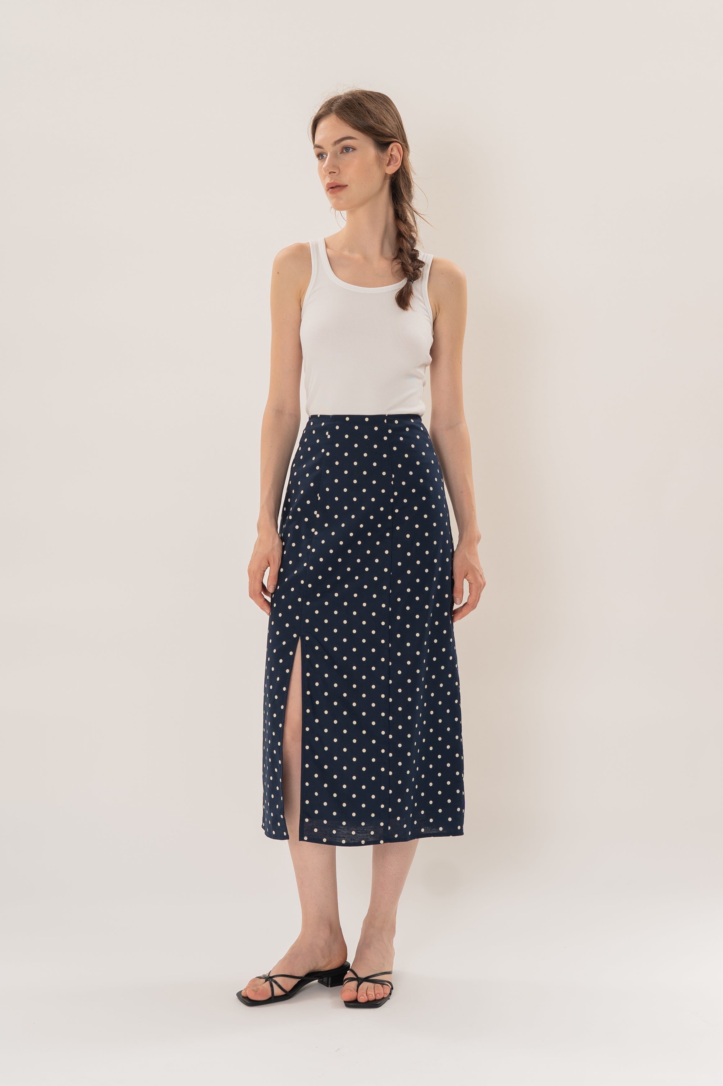 Midi Skirt With Slit in Ivory Dot