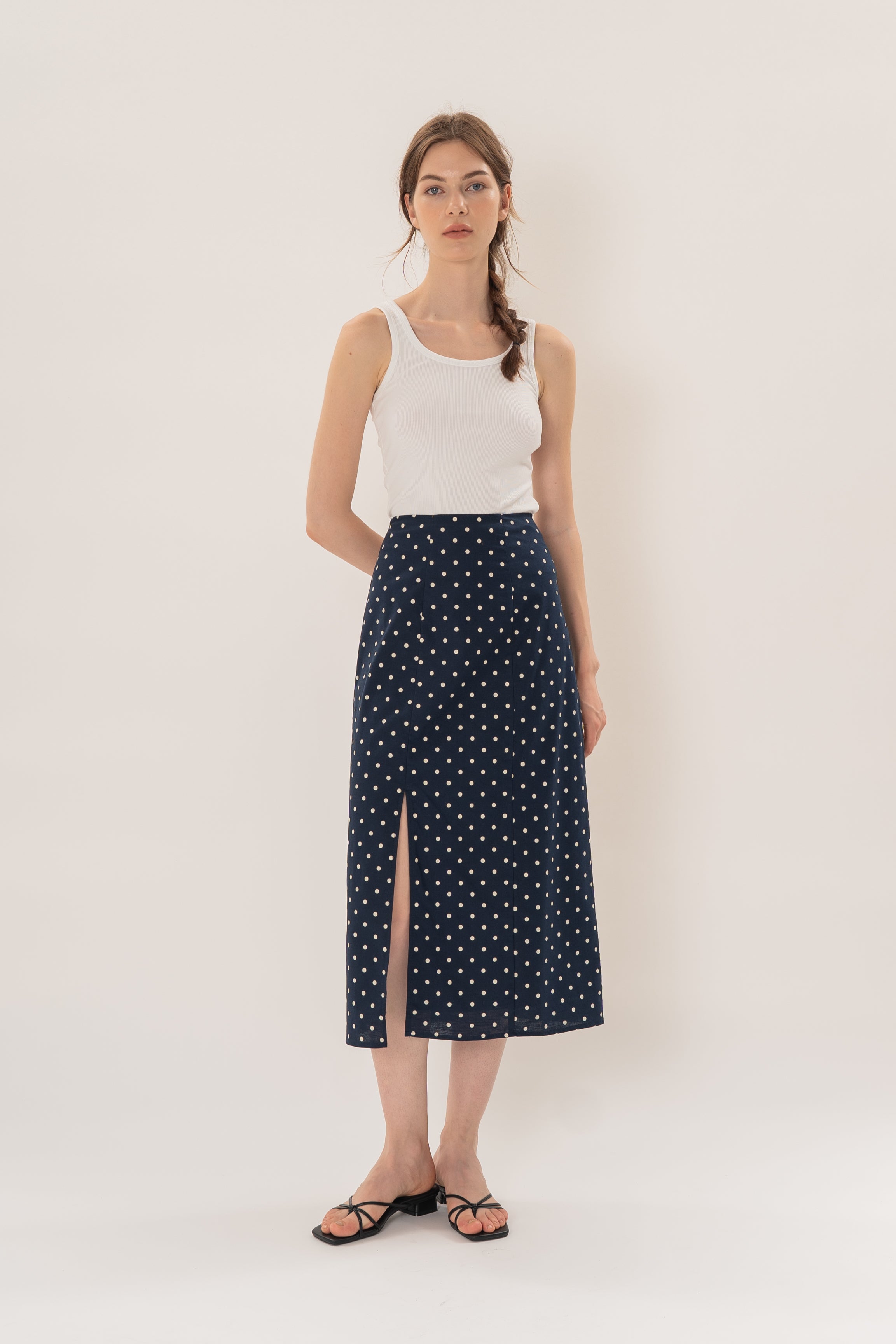 Midi Skirt With Slit in Ivory Dot