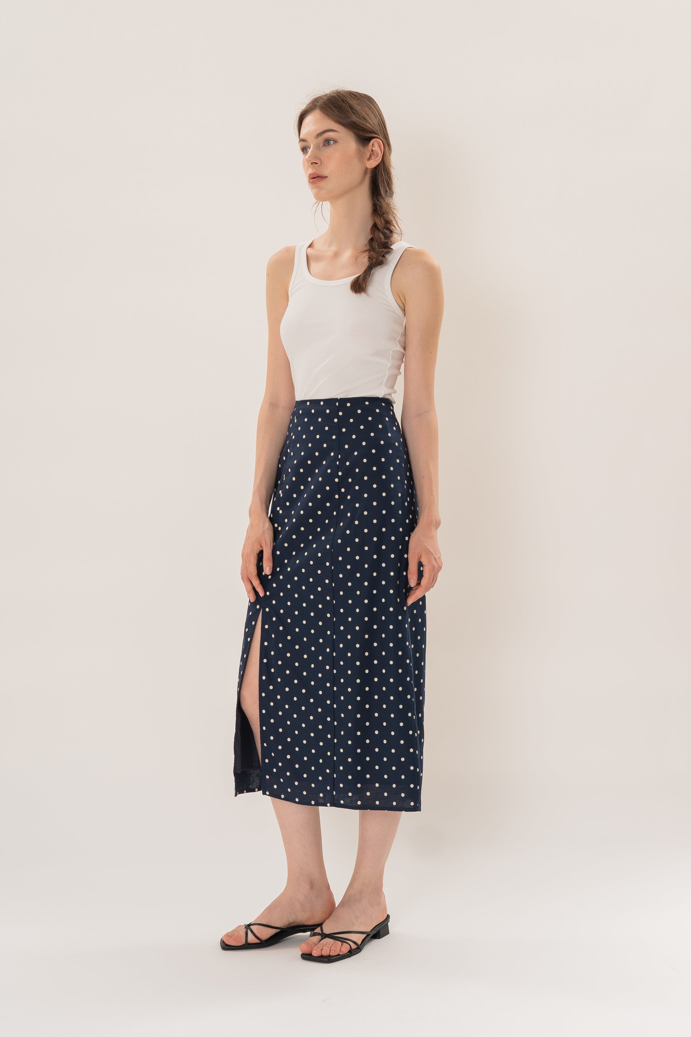 Midi Skirt With Slit in Ivory Dot